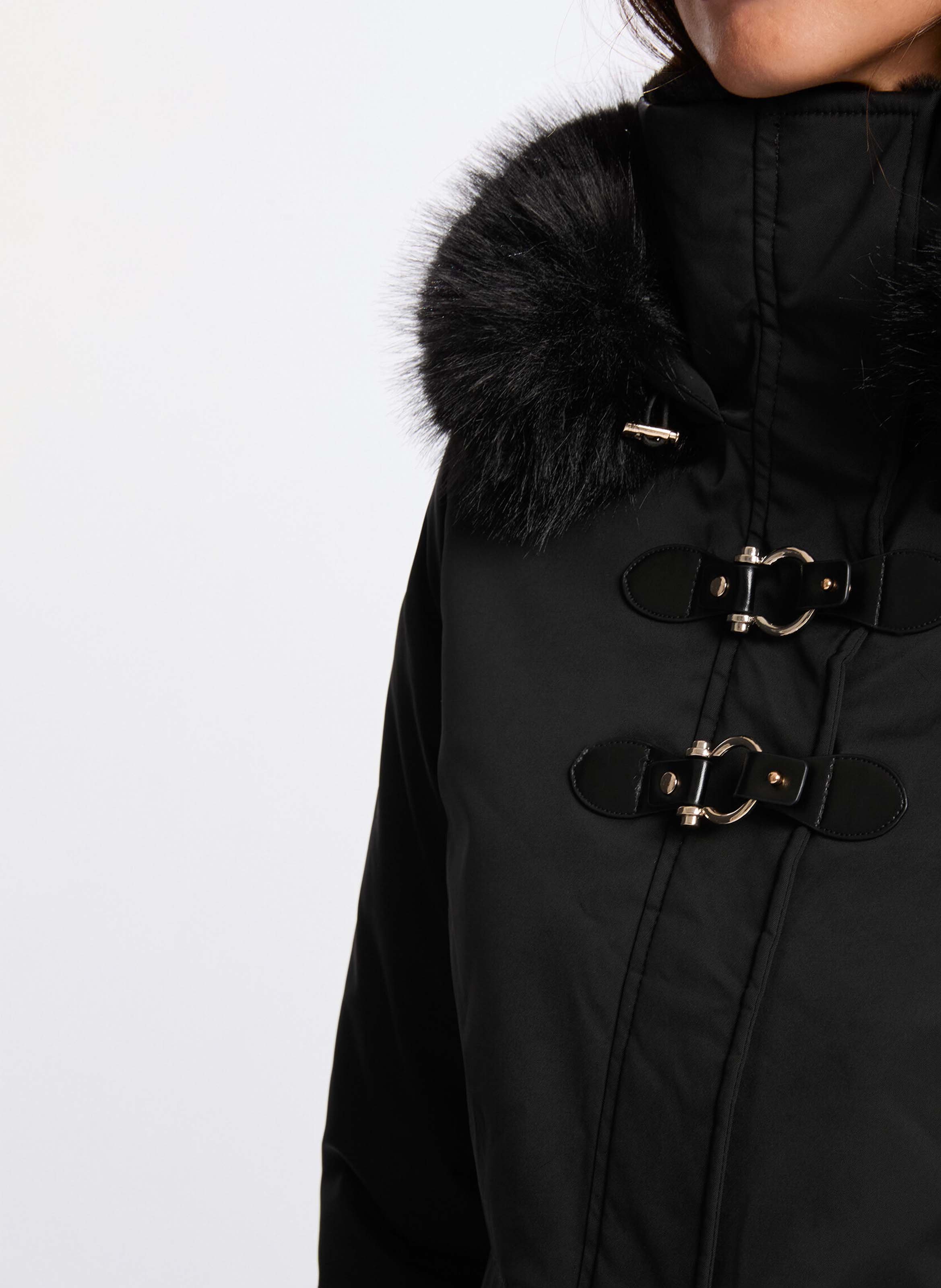 Manteau droit uni à capuche effet fourrure MORGAN Noir
