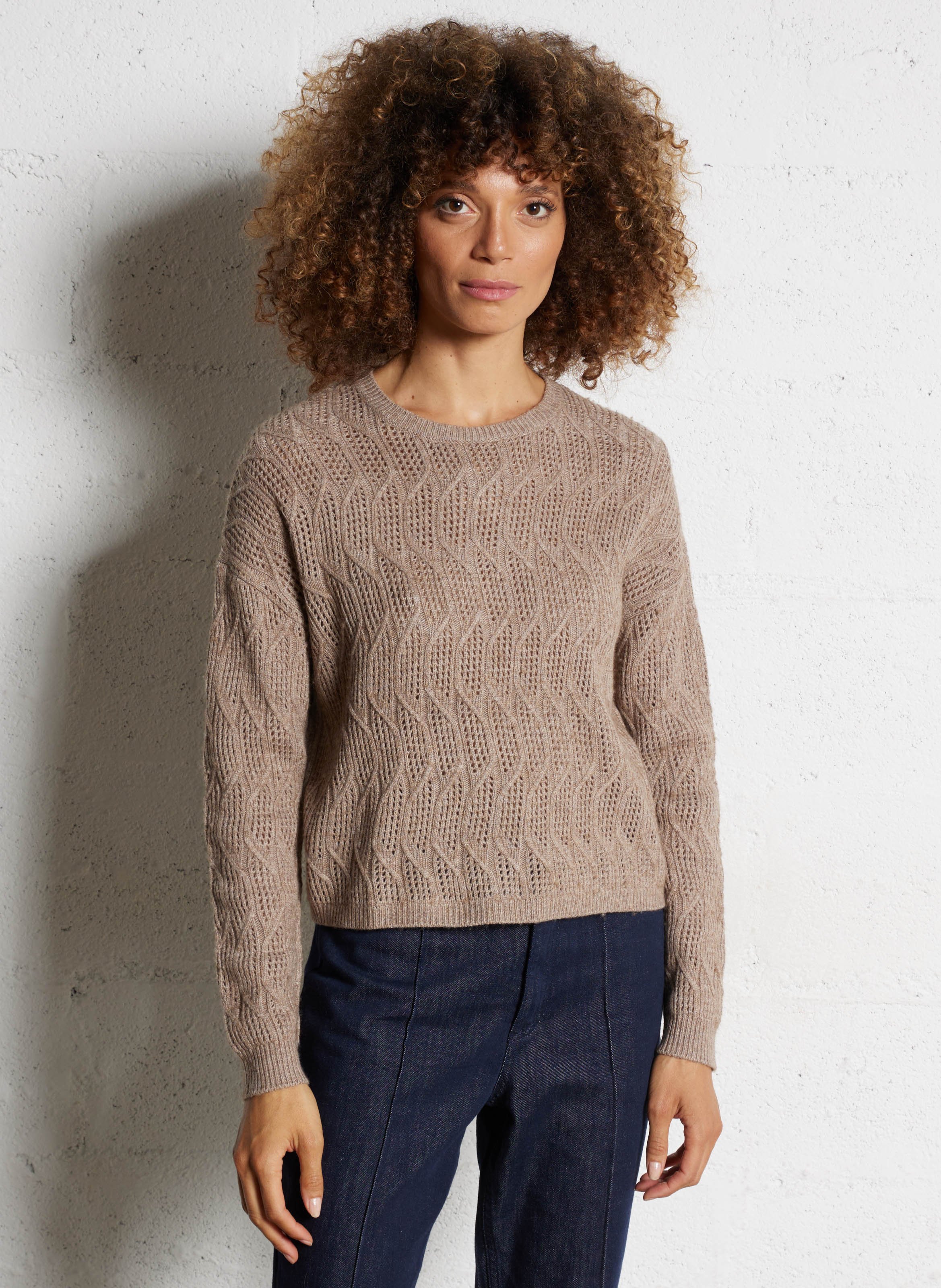 Pull ample col rond en maille ajourée IKKS Beige