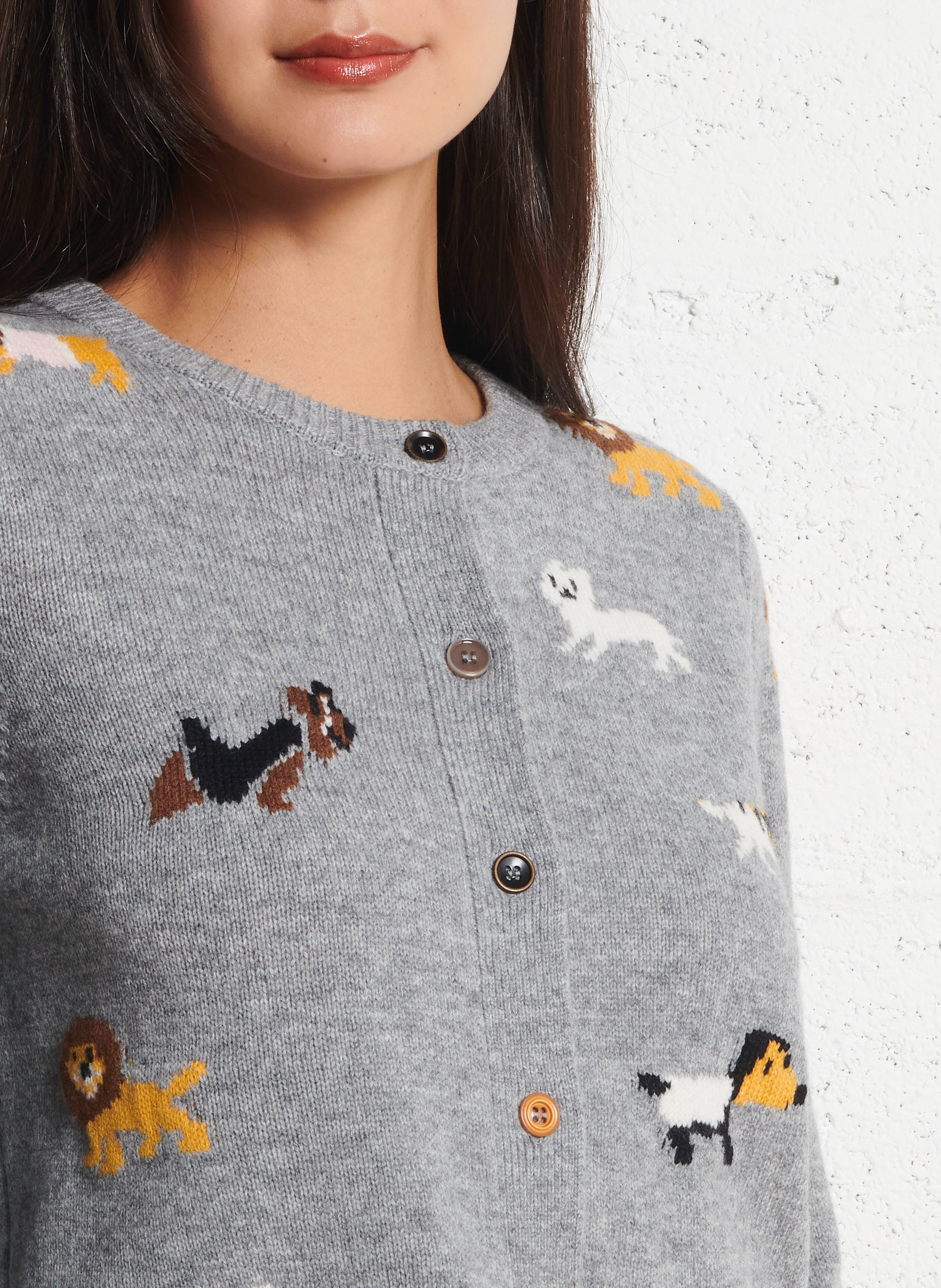 Gerade geschnittene Rundhals-Strickweste aus Merinowolle im Jacquardmuster BERENICE Grau