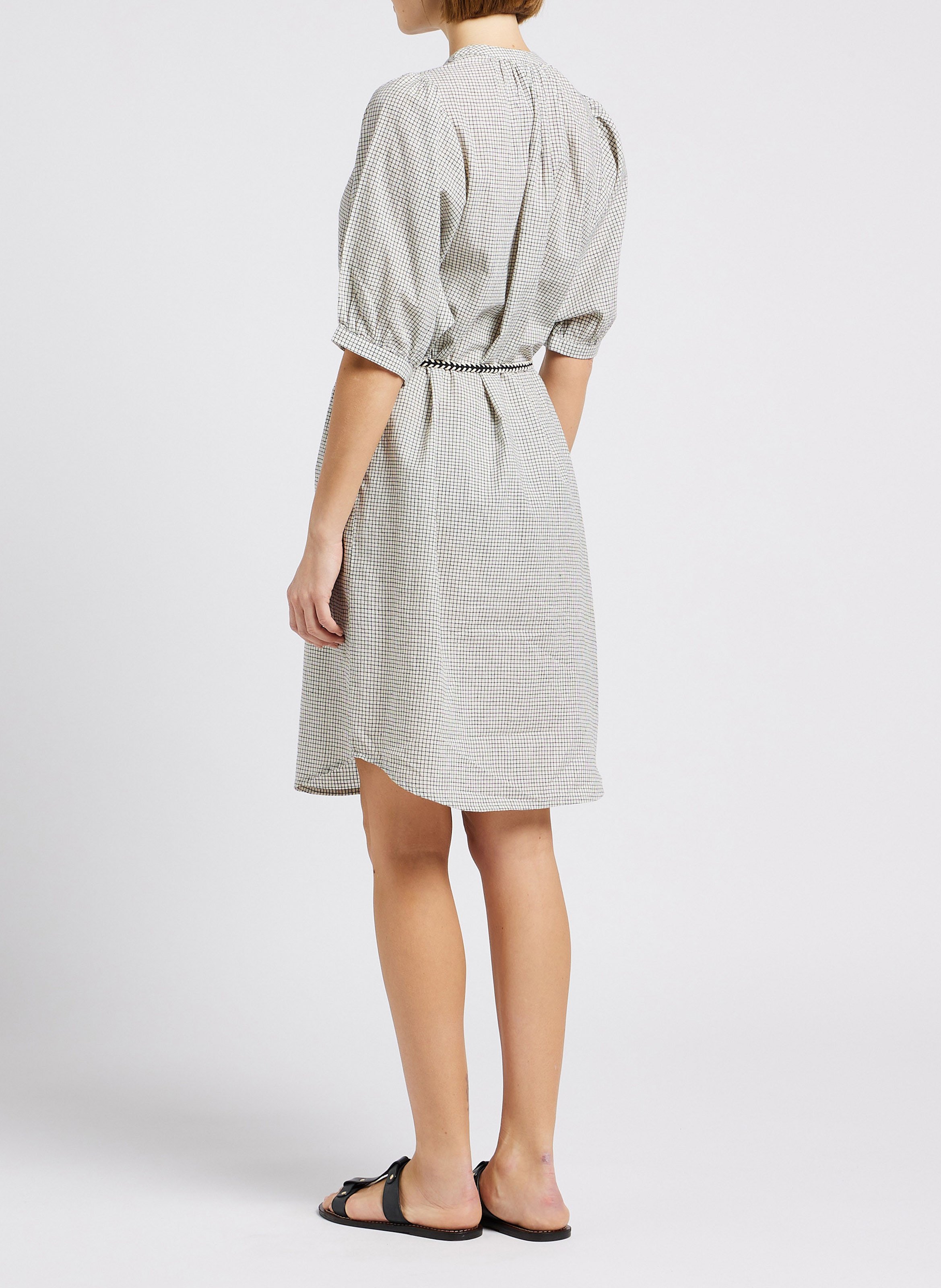 Ruimvallende, geruite, katoenen overhemdjurk met ronde hals Zwart