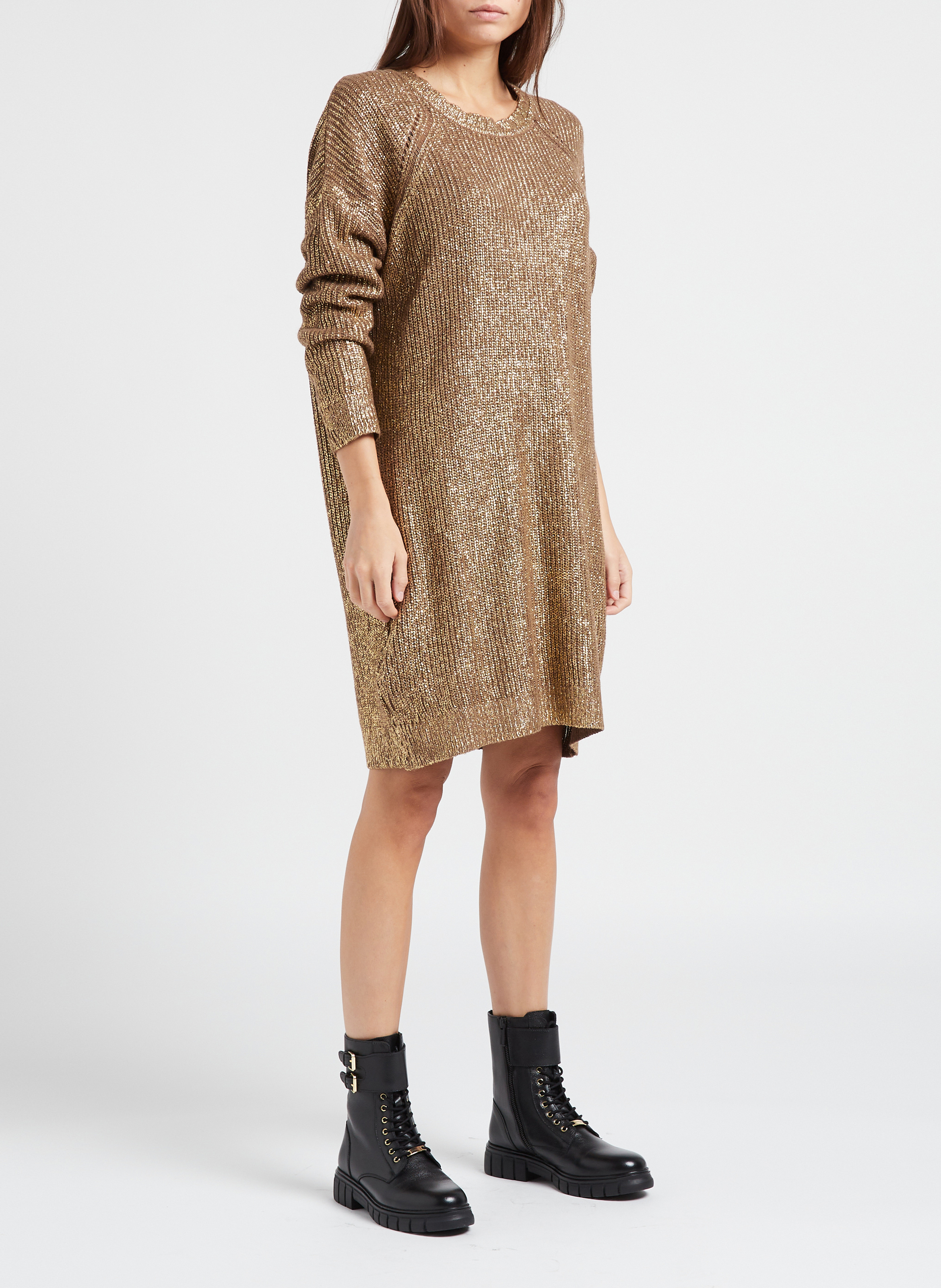 Korte, gebreide jurk met ronde hals PINKO Bruin