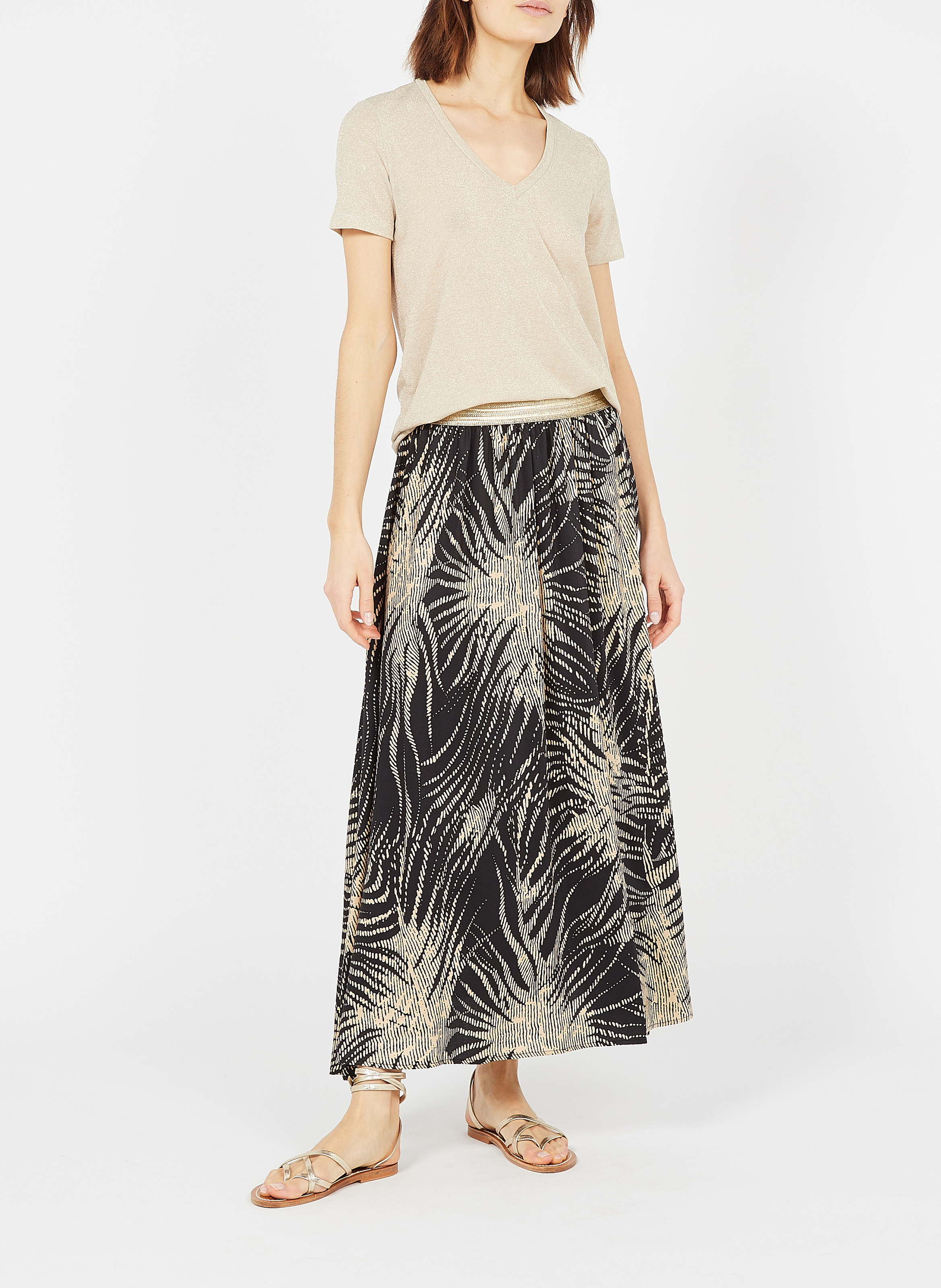 T-shirt col V en fibres métallisées PLEASE Doré