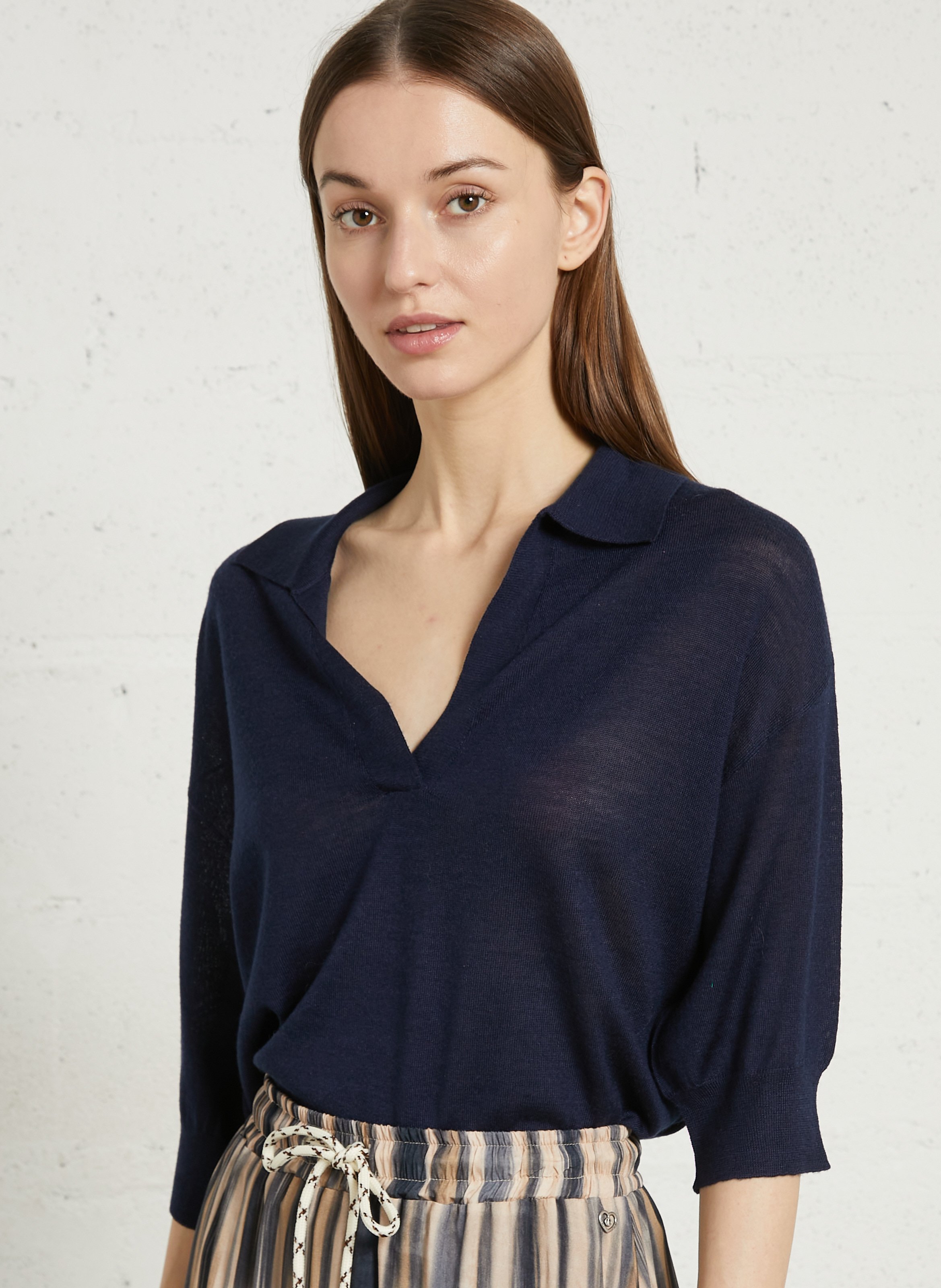 Wijde effen polo van wol en zijde MAJESTIC FILATURES Blauw