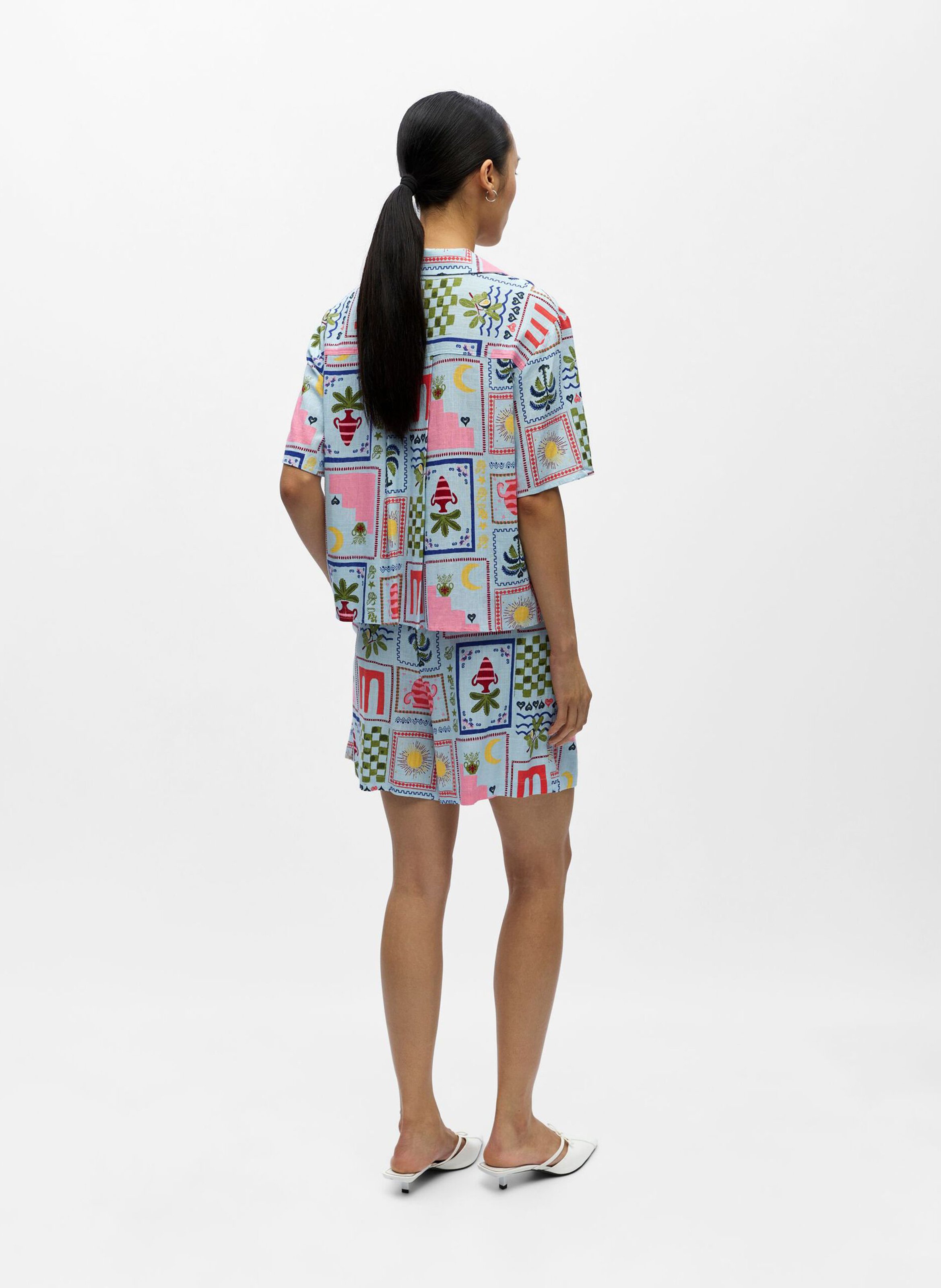 Gerade Hemd mit kubanischem Kragen und Print OBJECT Blau