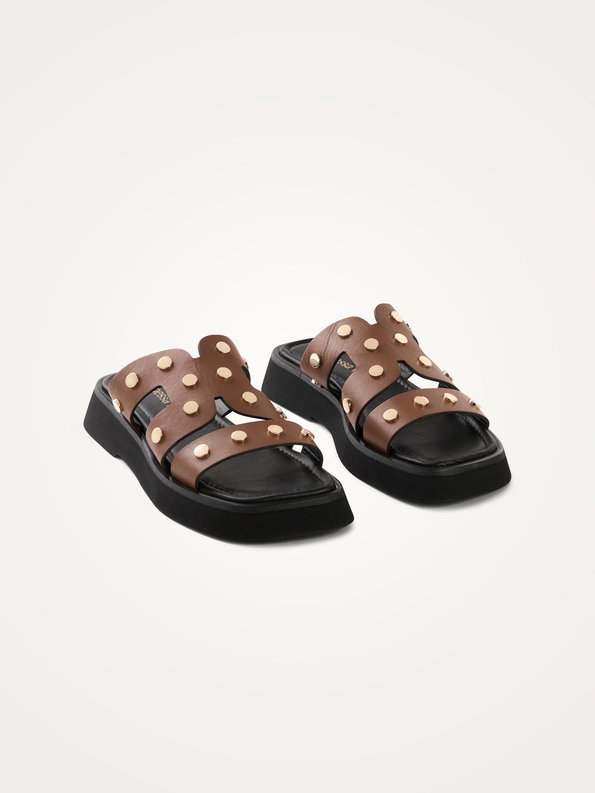 Flat leather mules with studded straps VANESSA WU Brown