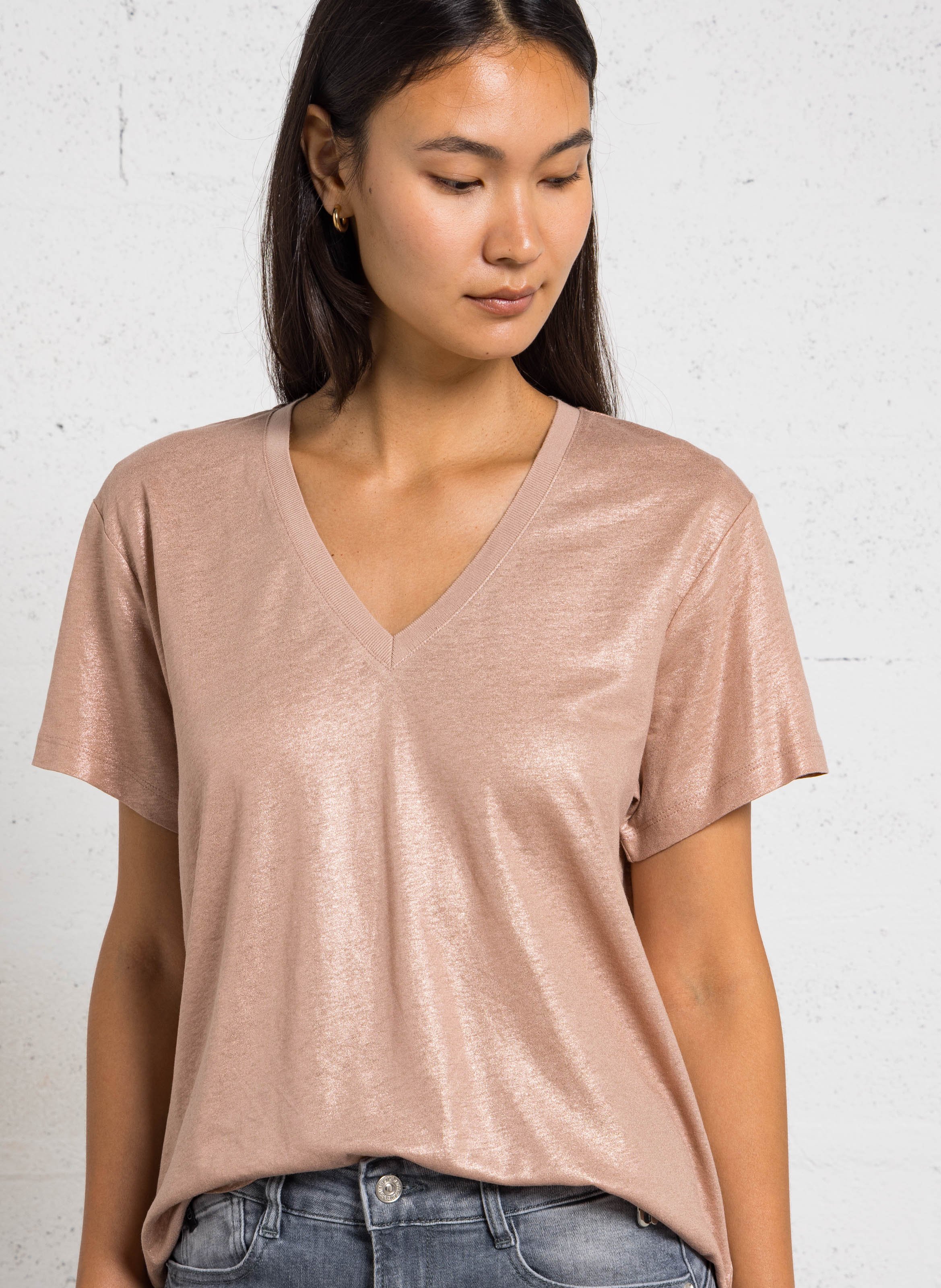 Tee-shirt ample col V métallisé  IKKS Doré