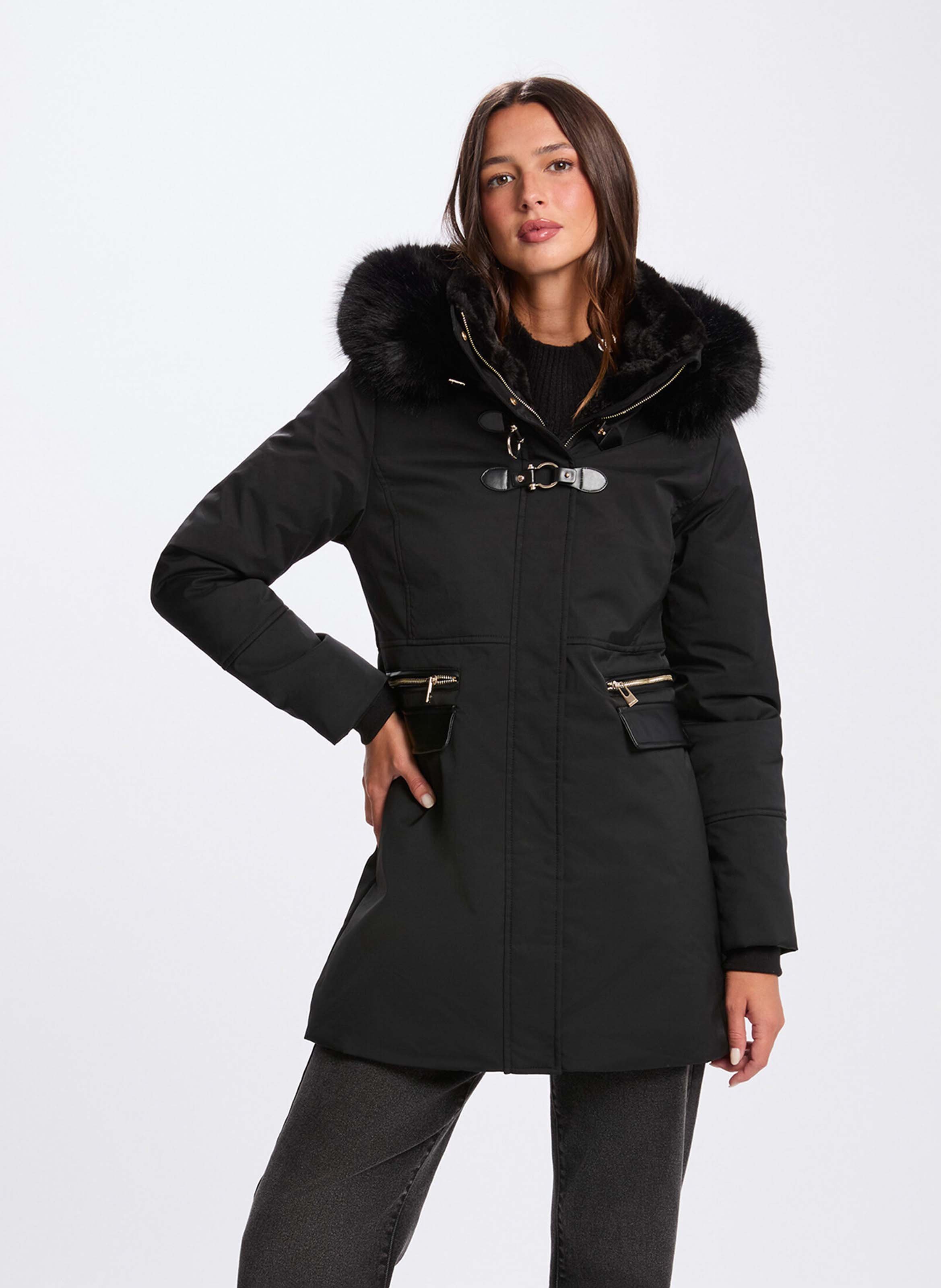 Manteau droit uni à capuche effet fourrure MORGAN Noir