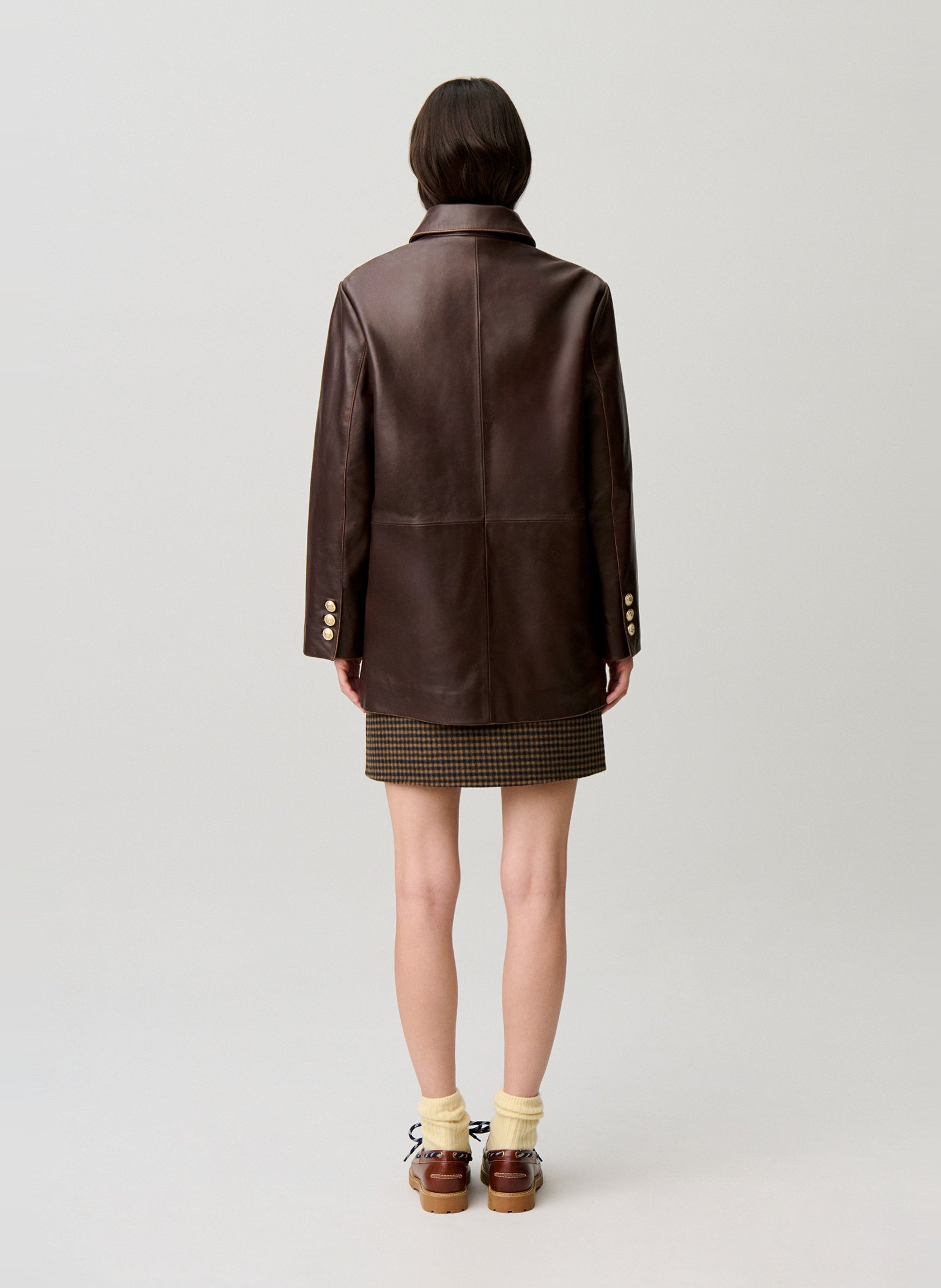 Straight buttoned leather jacket CLAUDIE PIERLOT Brown
