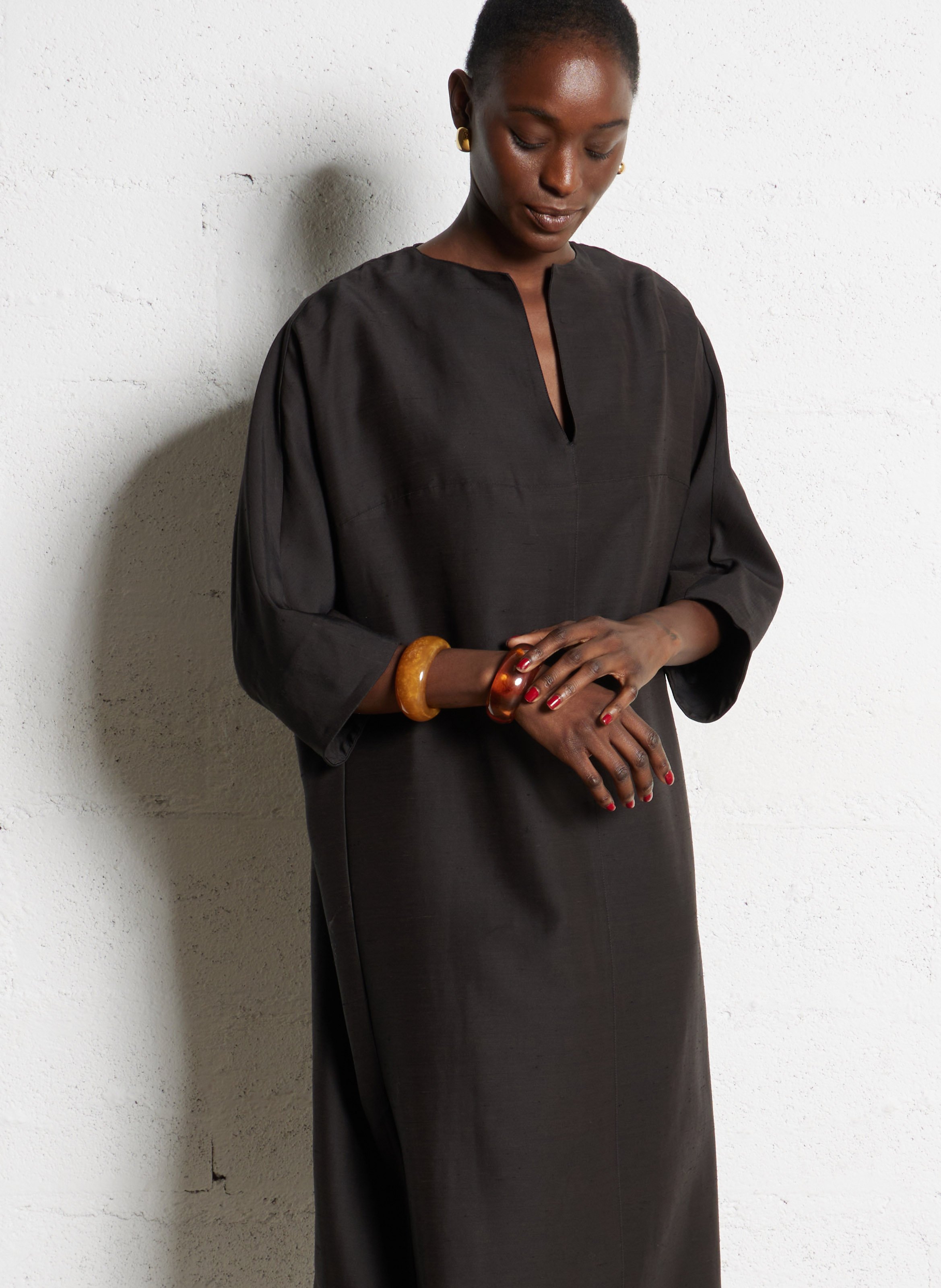 Midi dress with Tunisian collar in blended linen. SOEUR Black
