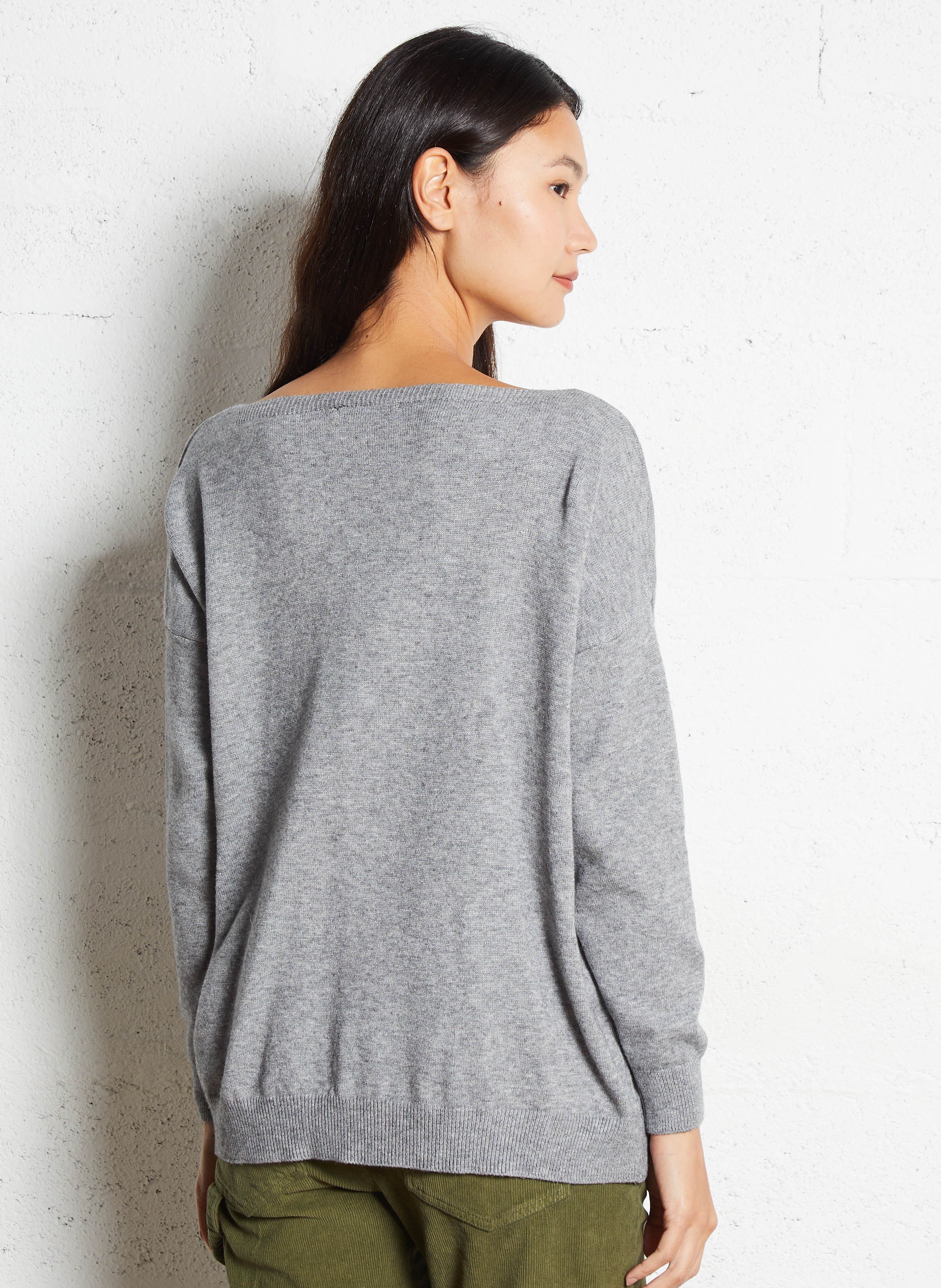 Pull droit col V uni PLEASE Gris