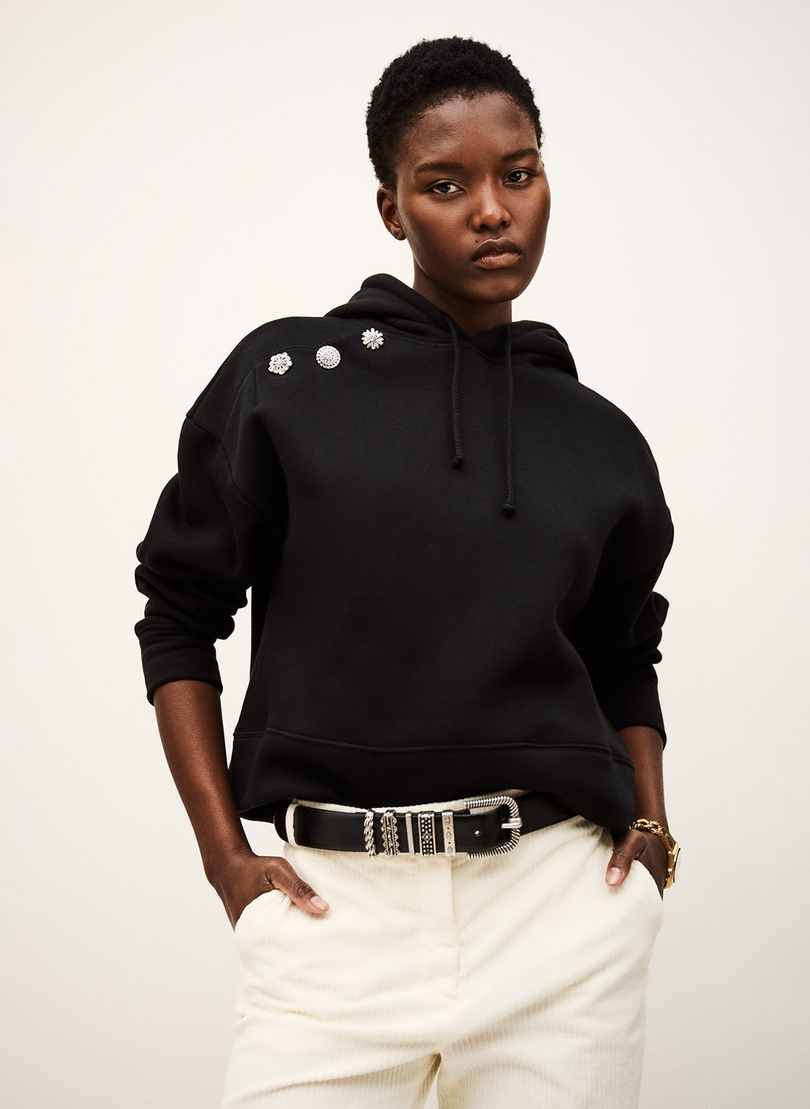 Sweat droit à capuche uni et boutons bijoux BA&SH Noir