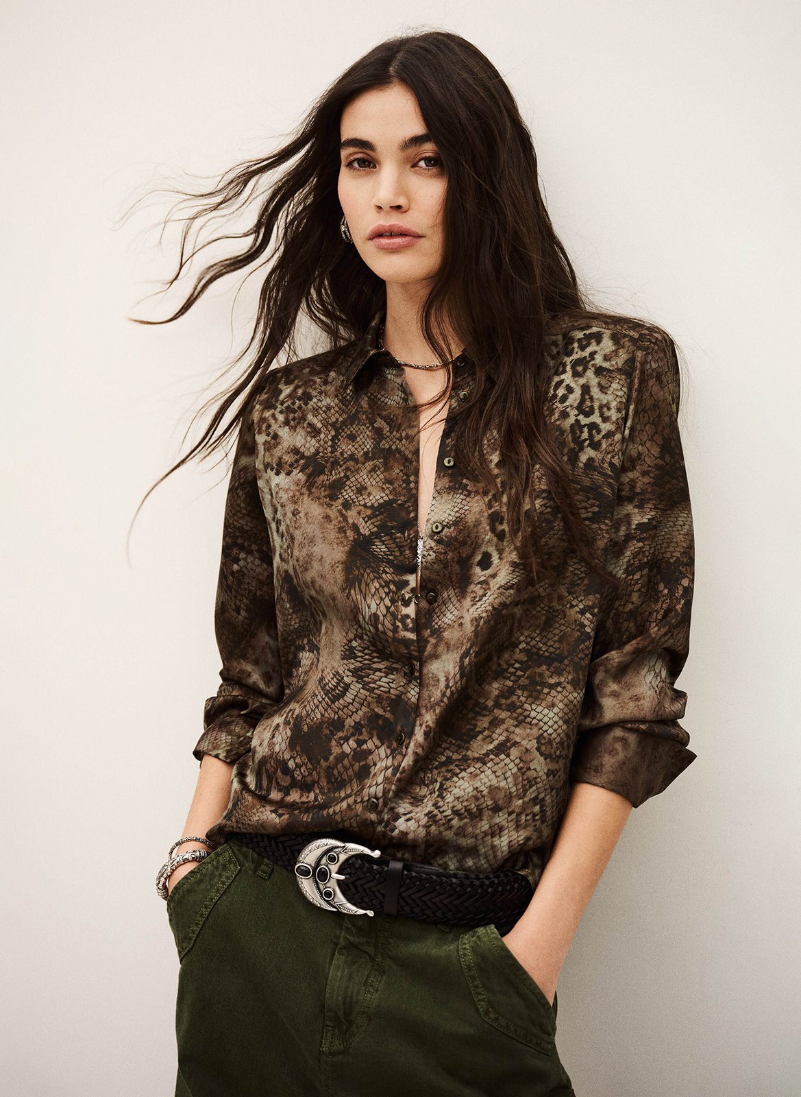 Chemise droite col classique imprimée BA&SH Kaki