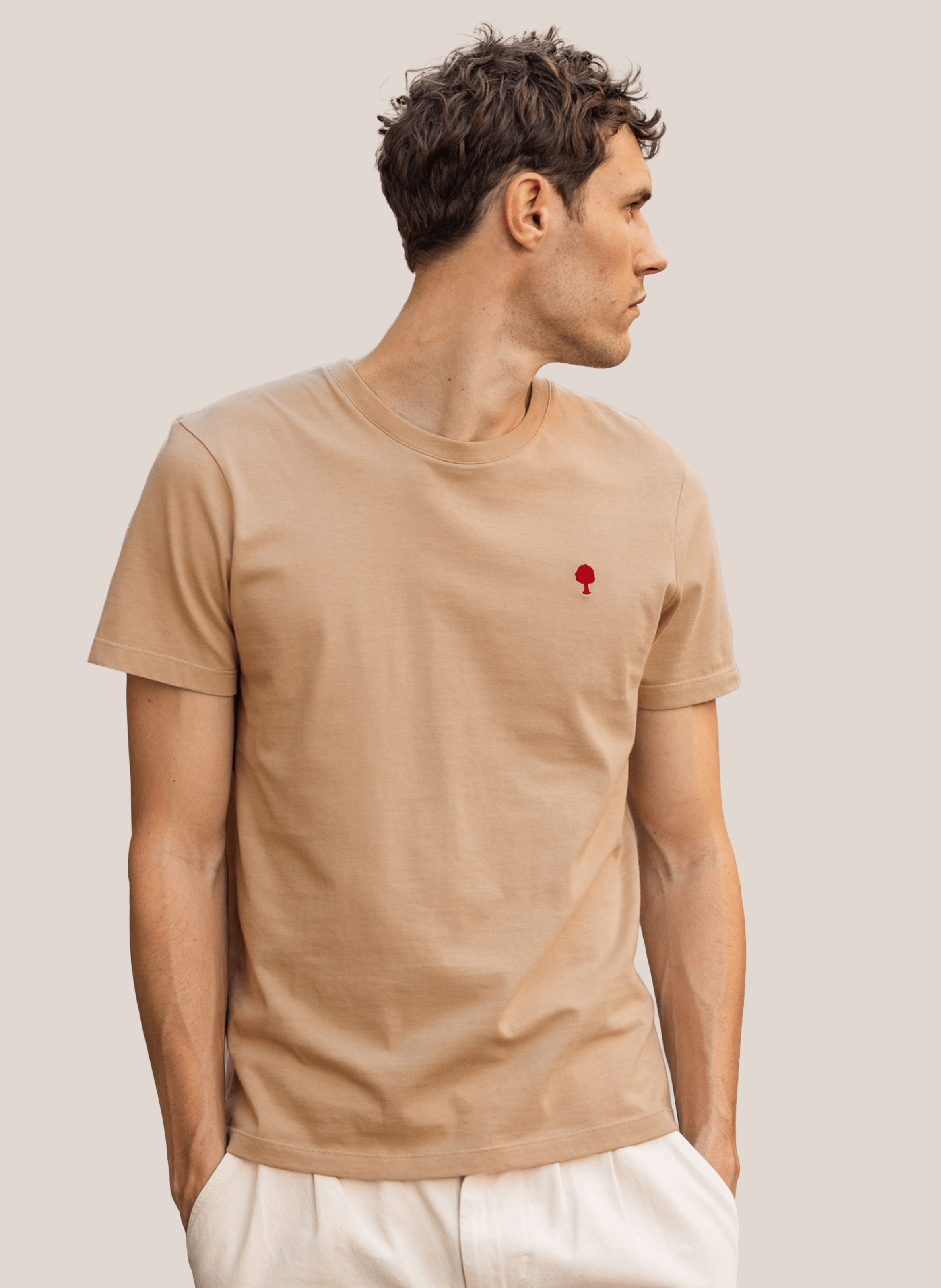 Tee-shirt droit col rond en coton et coton recyclé FAGUO Beige