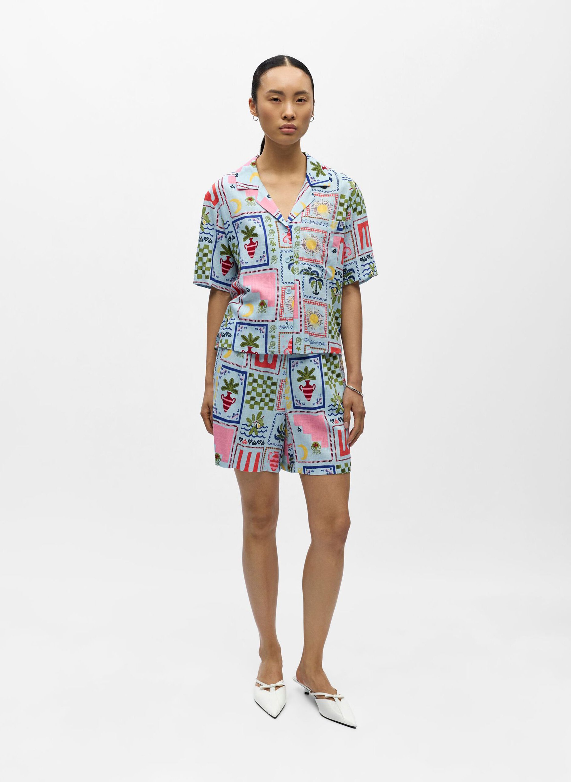 Gerade Hemd mit kubanischem Kragen und Print OBJECT Blau