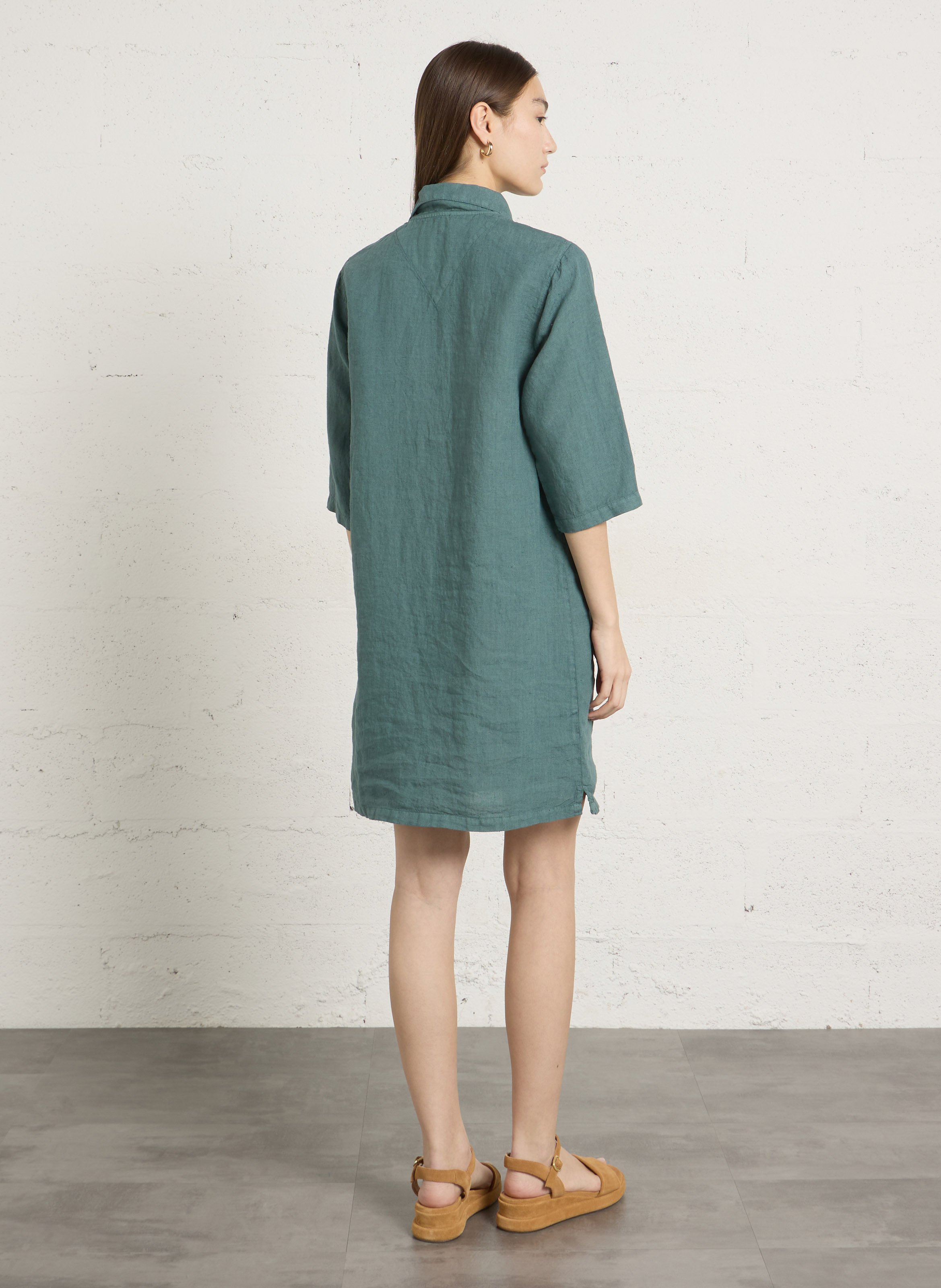 Straight linen dress with classic collar ARMOR LUX Green