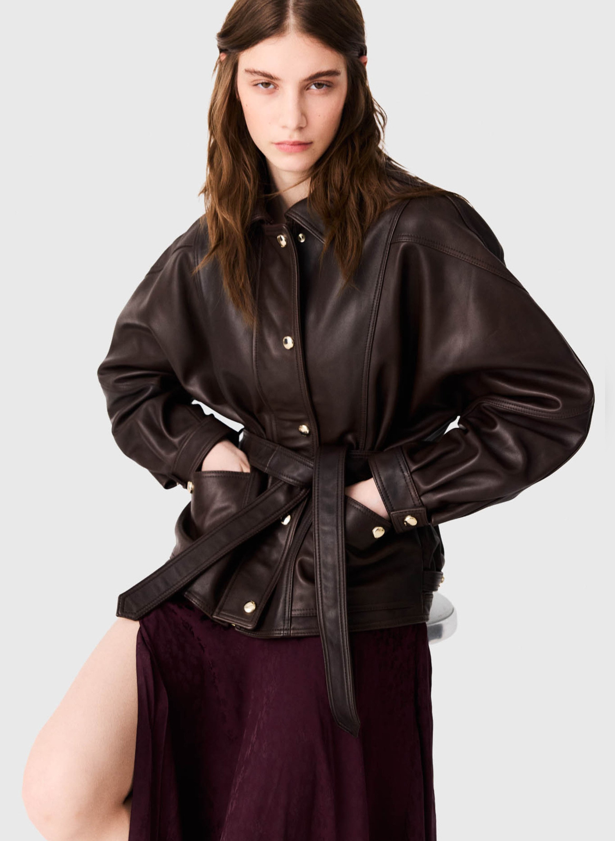 Blouson oversize en cuir MAJE Marron