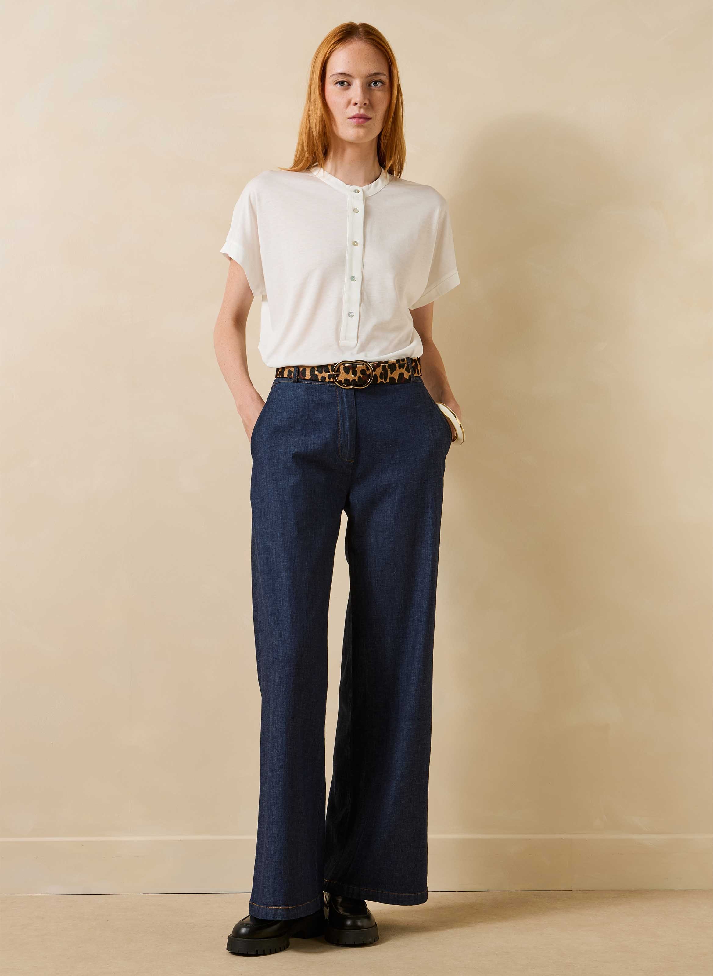 Jean flare taille haute en coton mélangé LA FEE MARABOUTEE Bleu