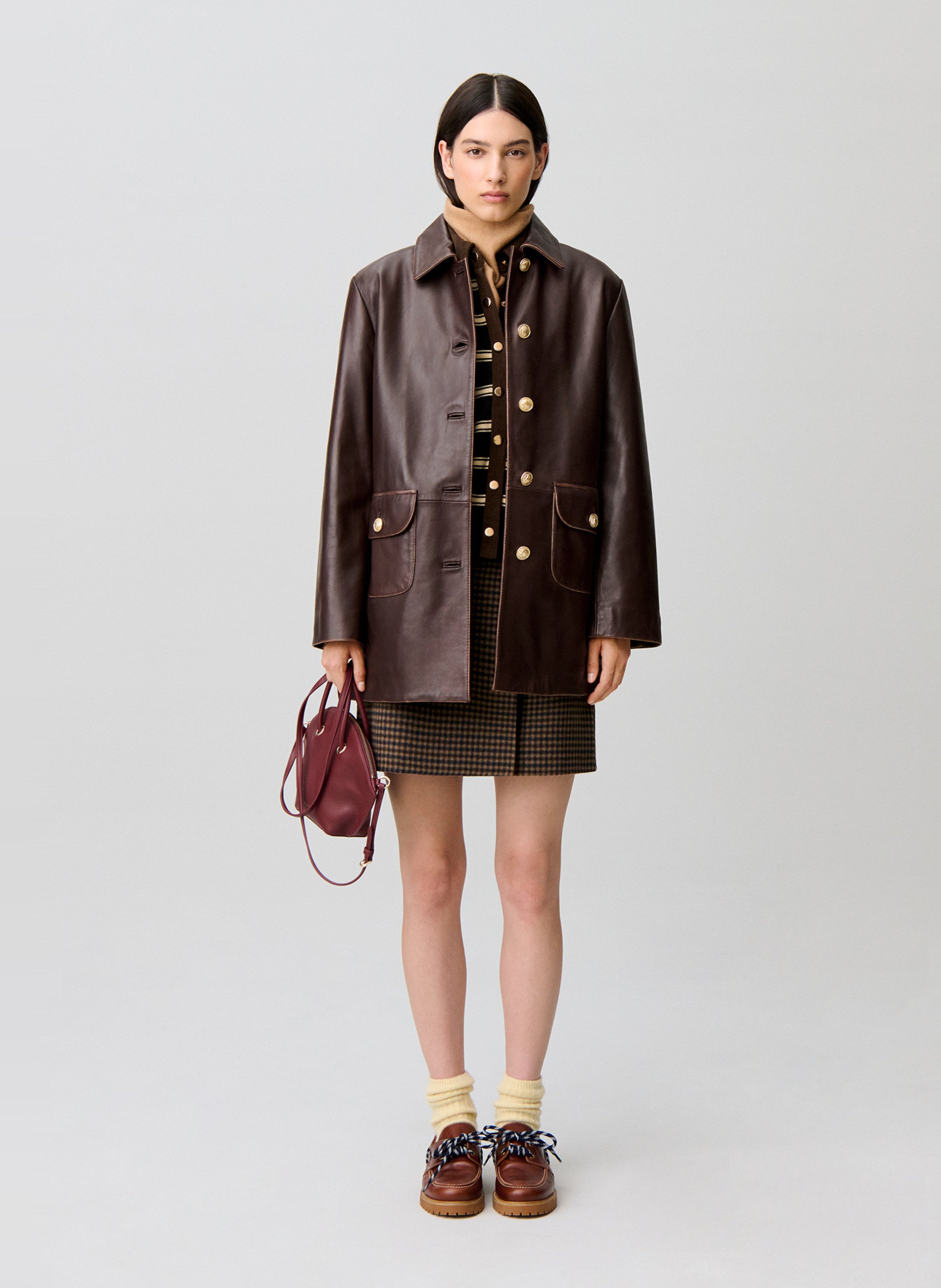 Straight buttoned leather jacket CLAUDIE PIERLOT Brown