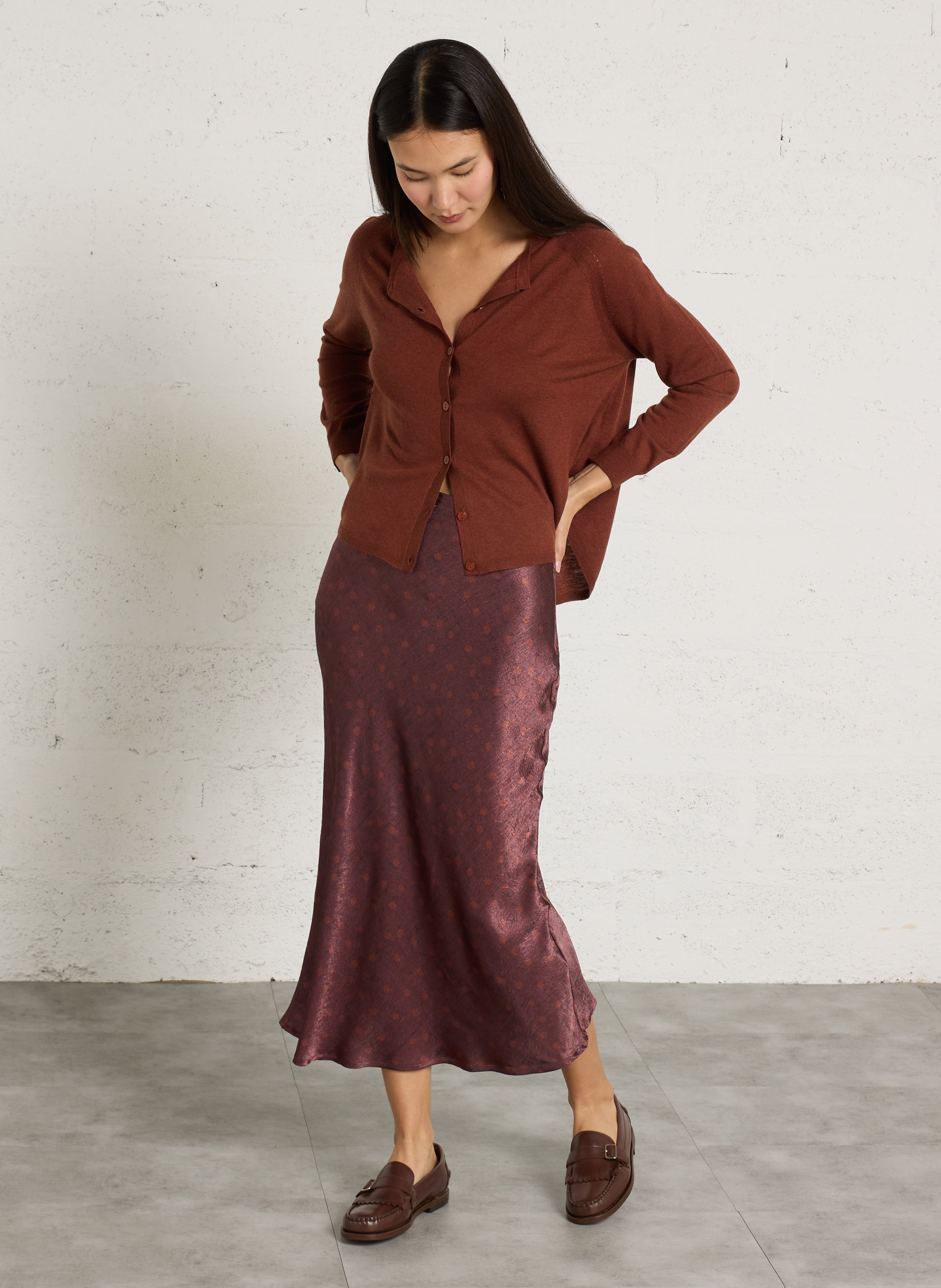 Gilet col rond boutonné uni NICE THINGS Marron