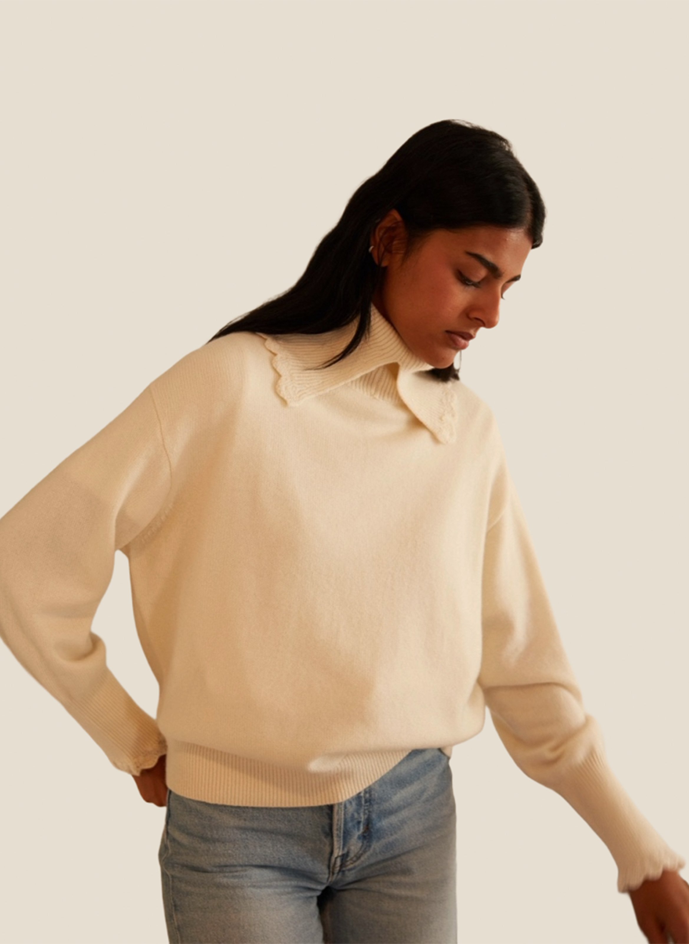 Pull droit col montant à revers en cachemire HIRCUS Beige