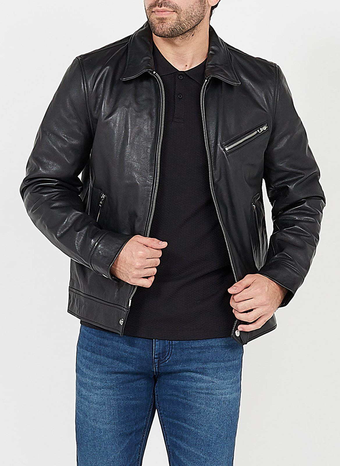 Blouson col classique zippé en cuir SCHOTT Noir