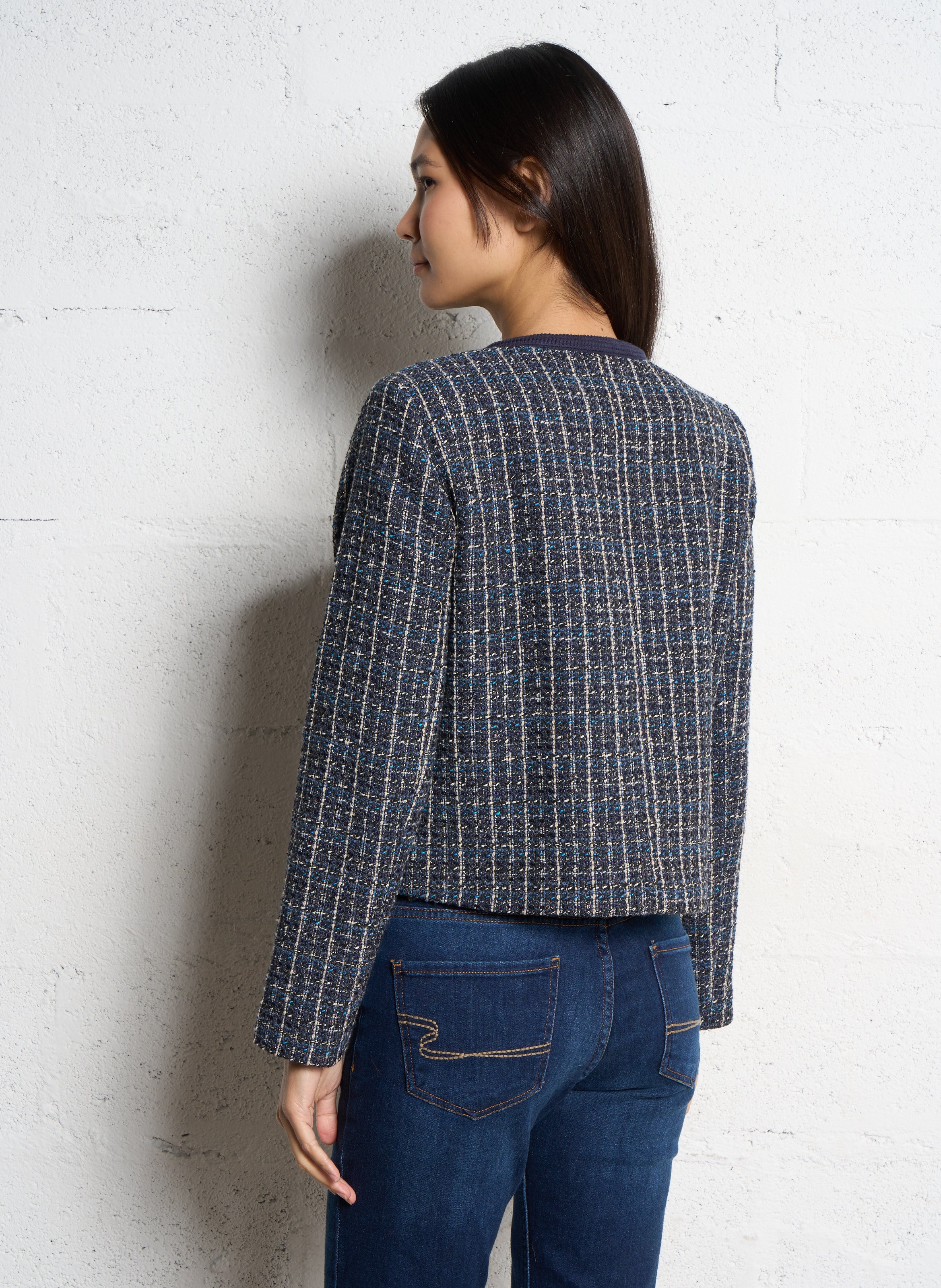 Veste col rond boutonnée en tweed Bleu
