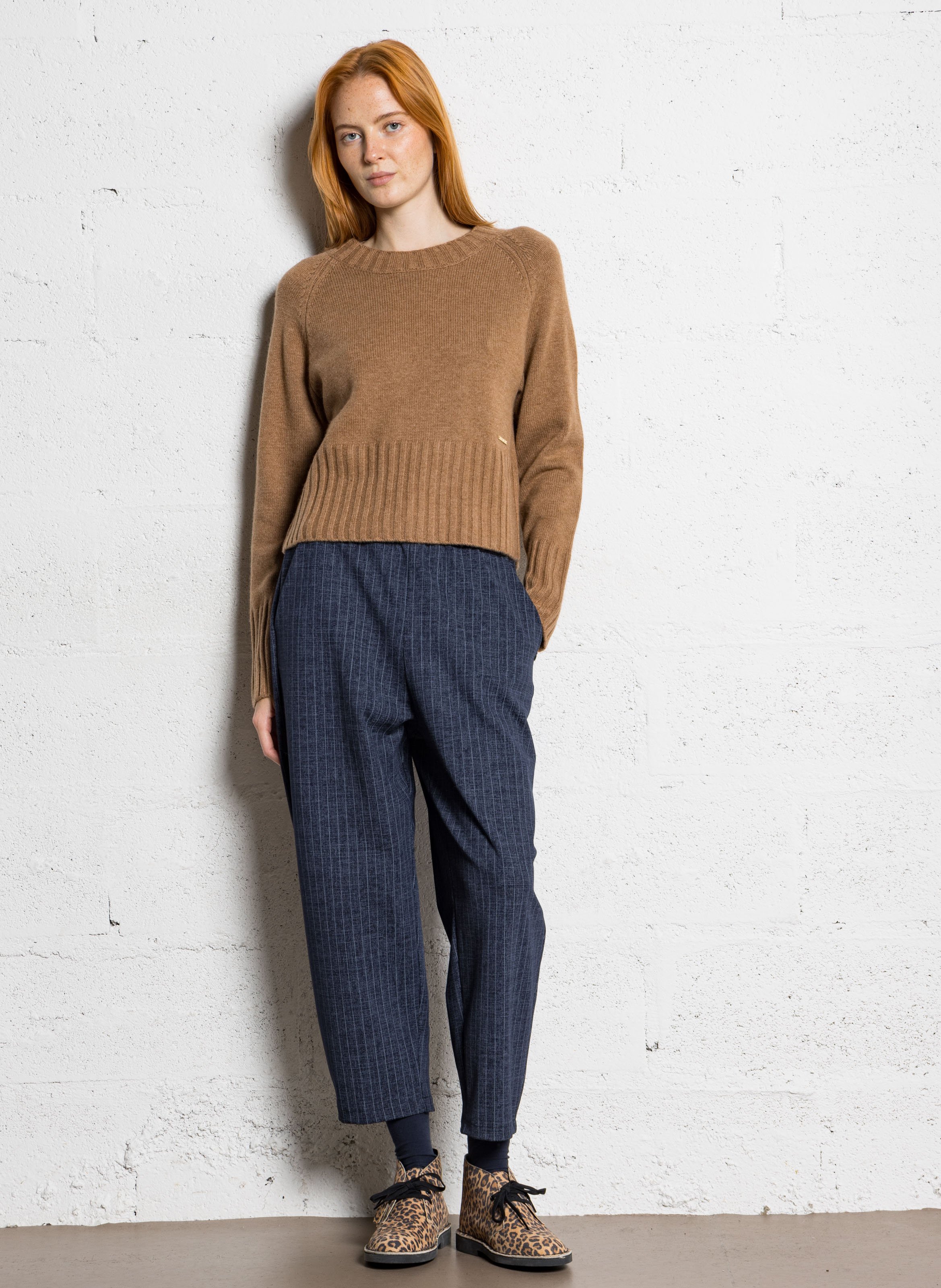 Pull oversize col rond en cachemire et laine BERENICE Beige