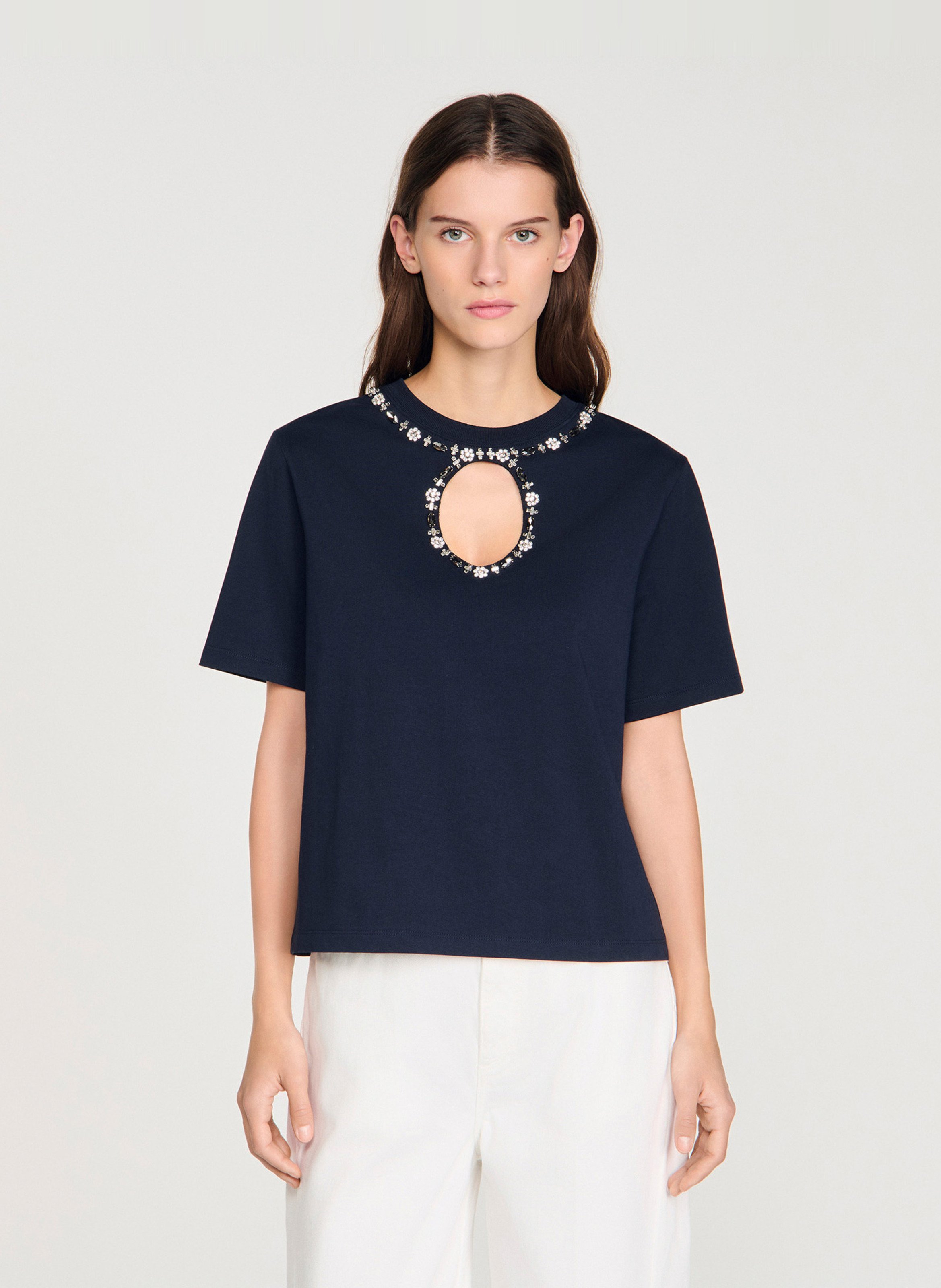 Round-neck diamanté T-shirt SANDRO Blue