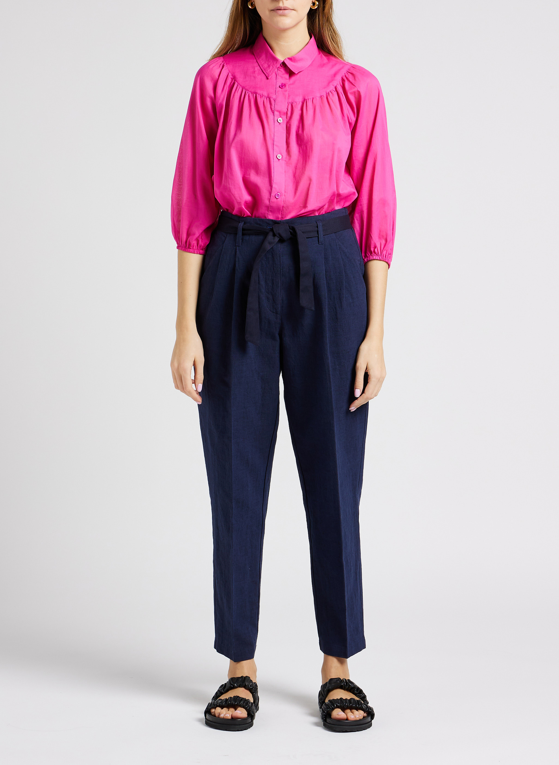 Carrotbroek van linnen met hoge taille POMANDERE Blauw