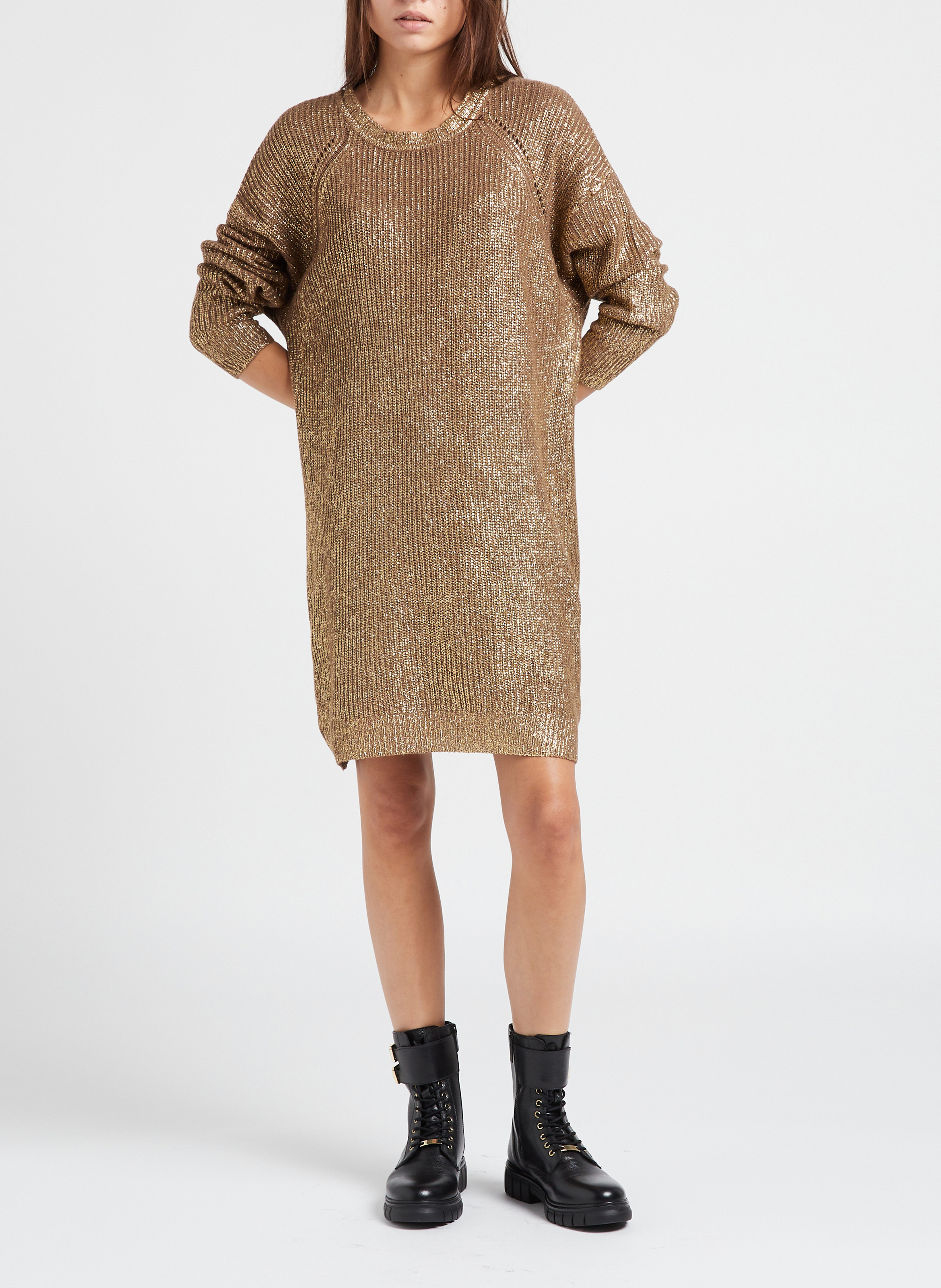 Korte, gebreide jurk met ronde hals PINKO Bruin