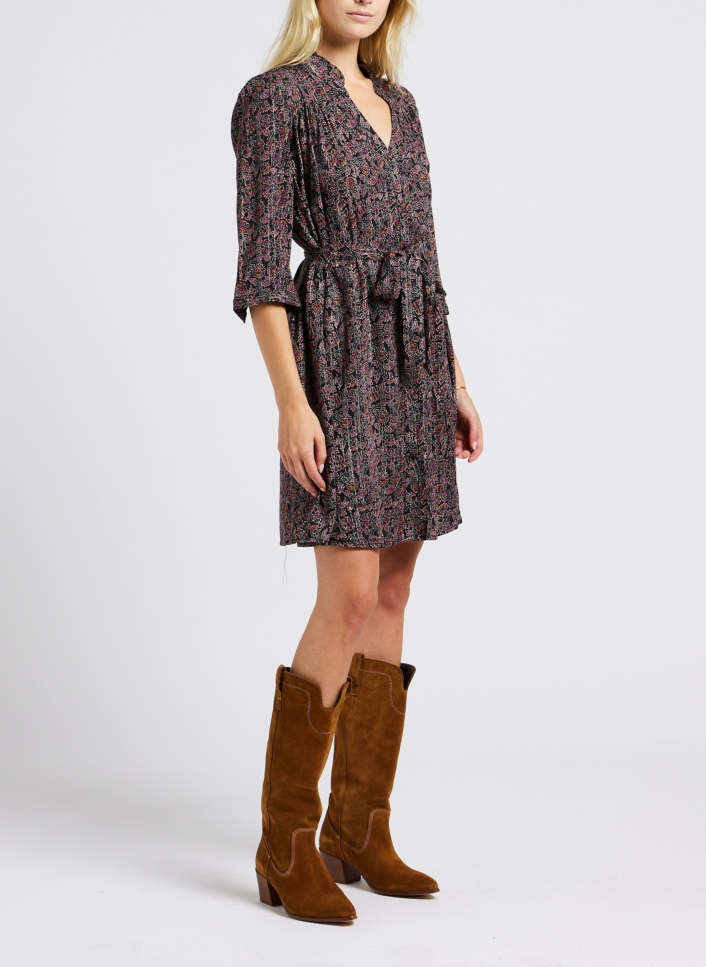 Short printed V-neck dress GRACE ET MILA Black