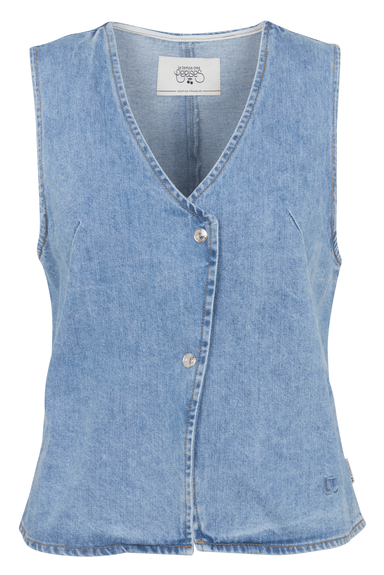 Fitted V-neck washed denim vest LE TEMPS DES CERISES Blue