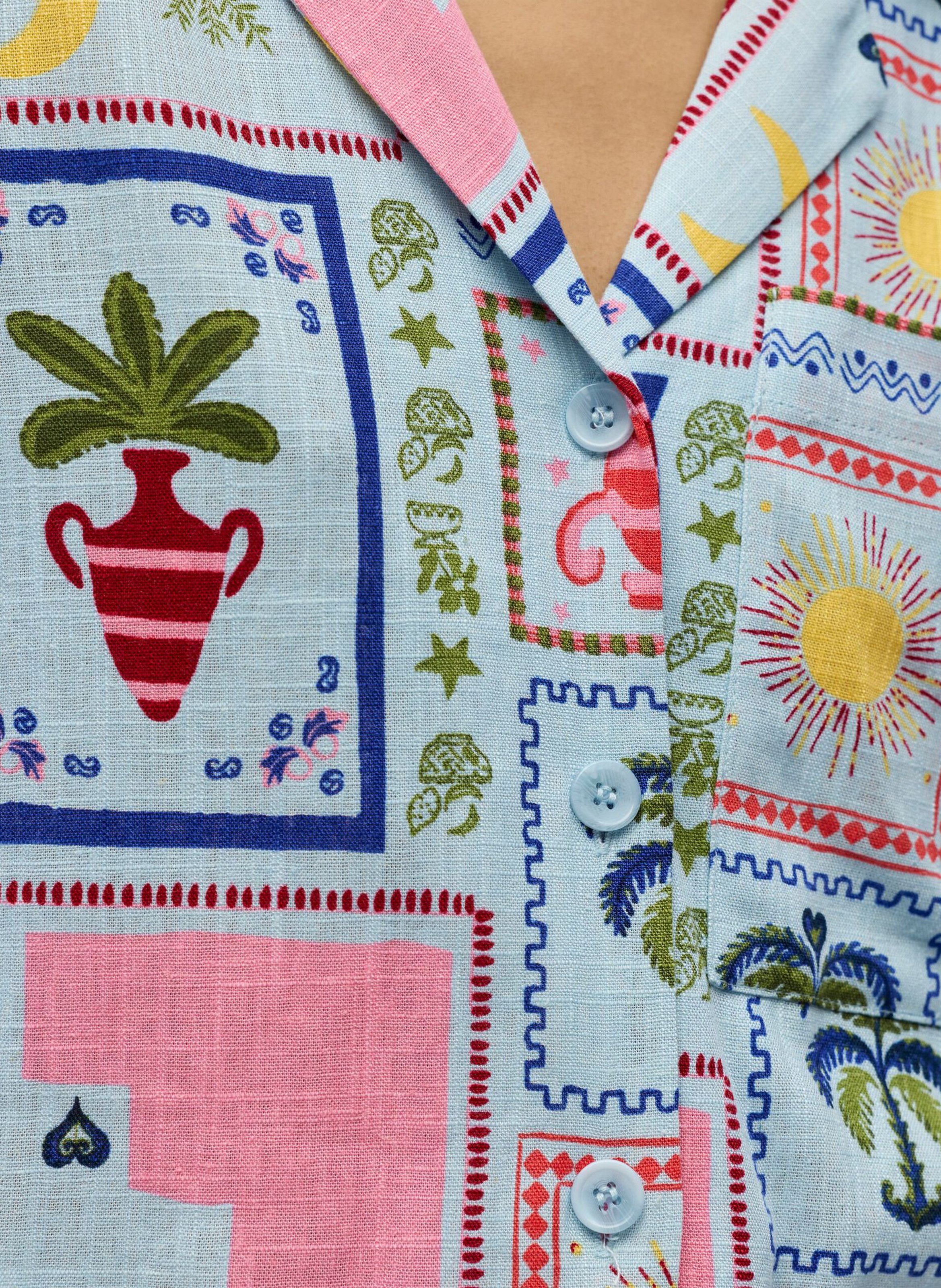 Gerade Hemd mit kubanischem Kragen und Print OBJECT Blau