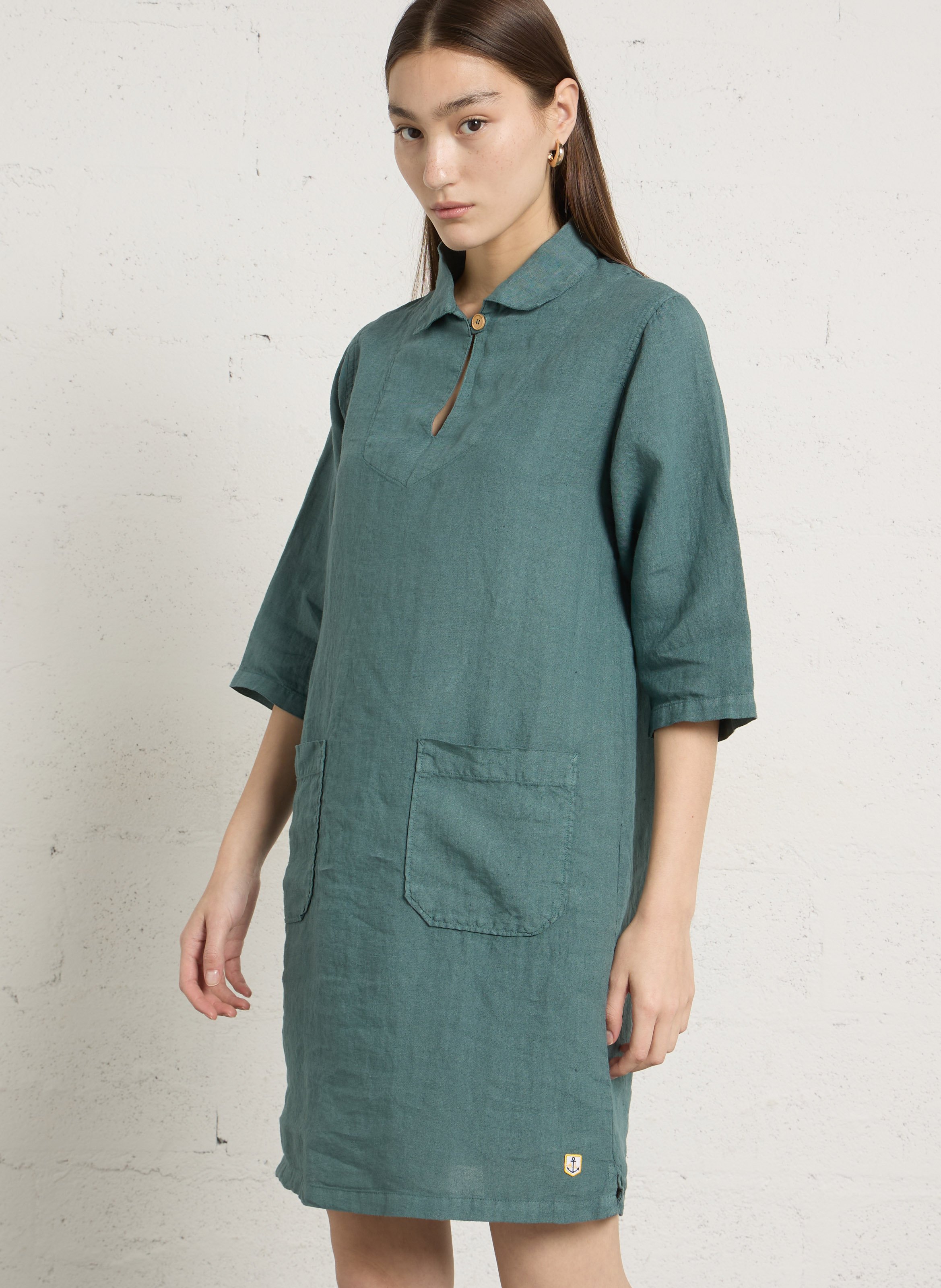 Straight linen dress with classic collar ARMOR LUX Green