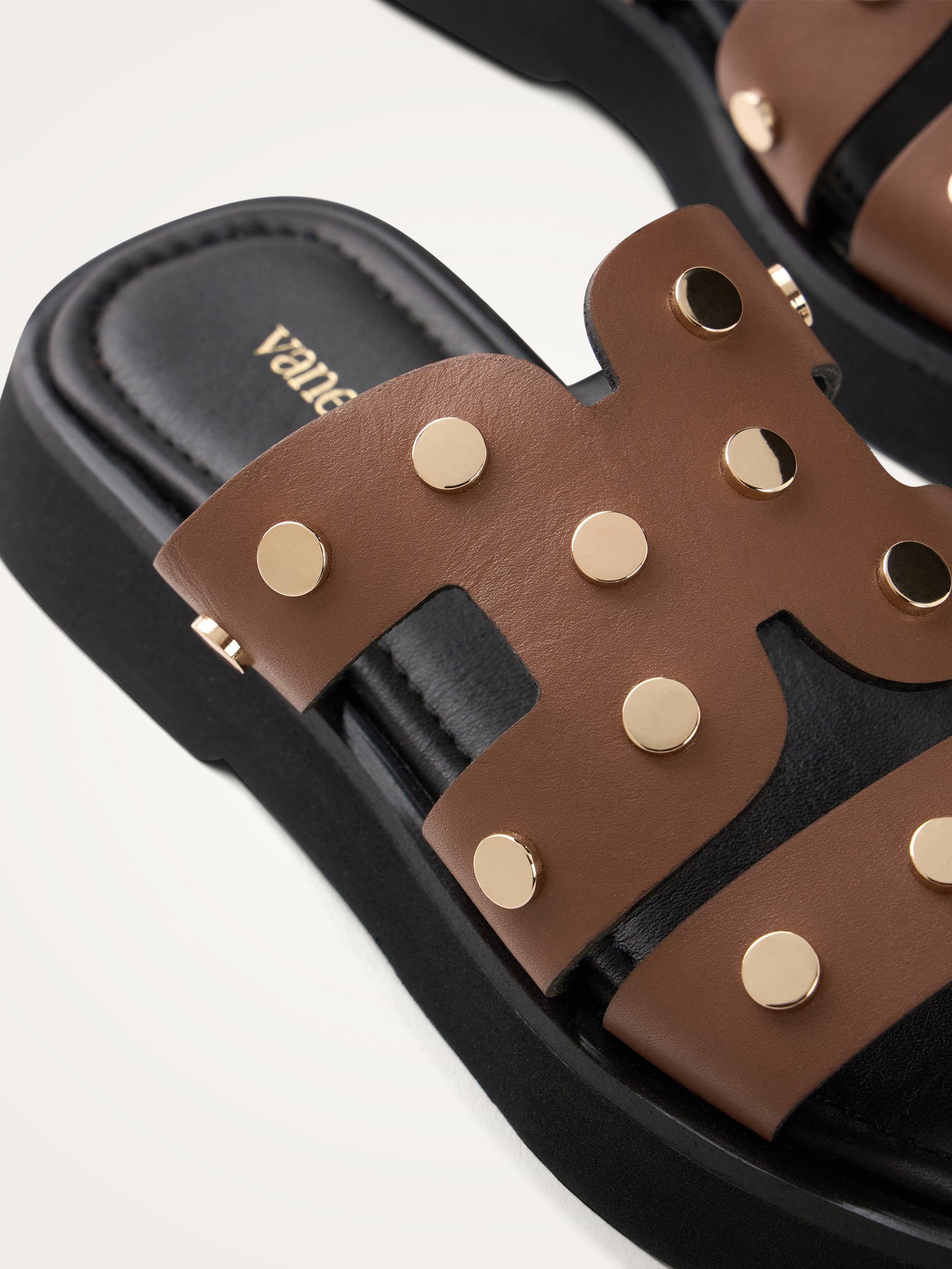 Flat leather mules with studded straps VANESSA WU Brown