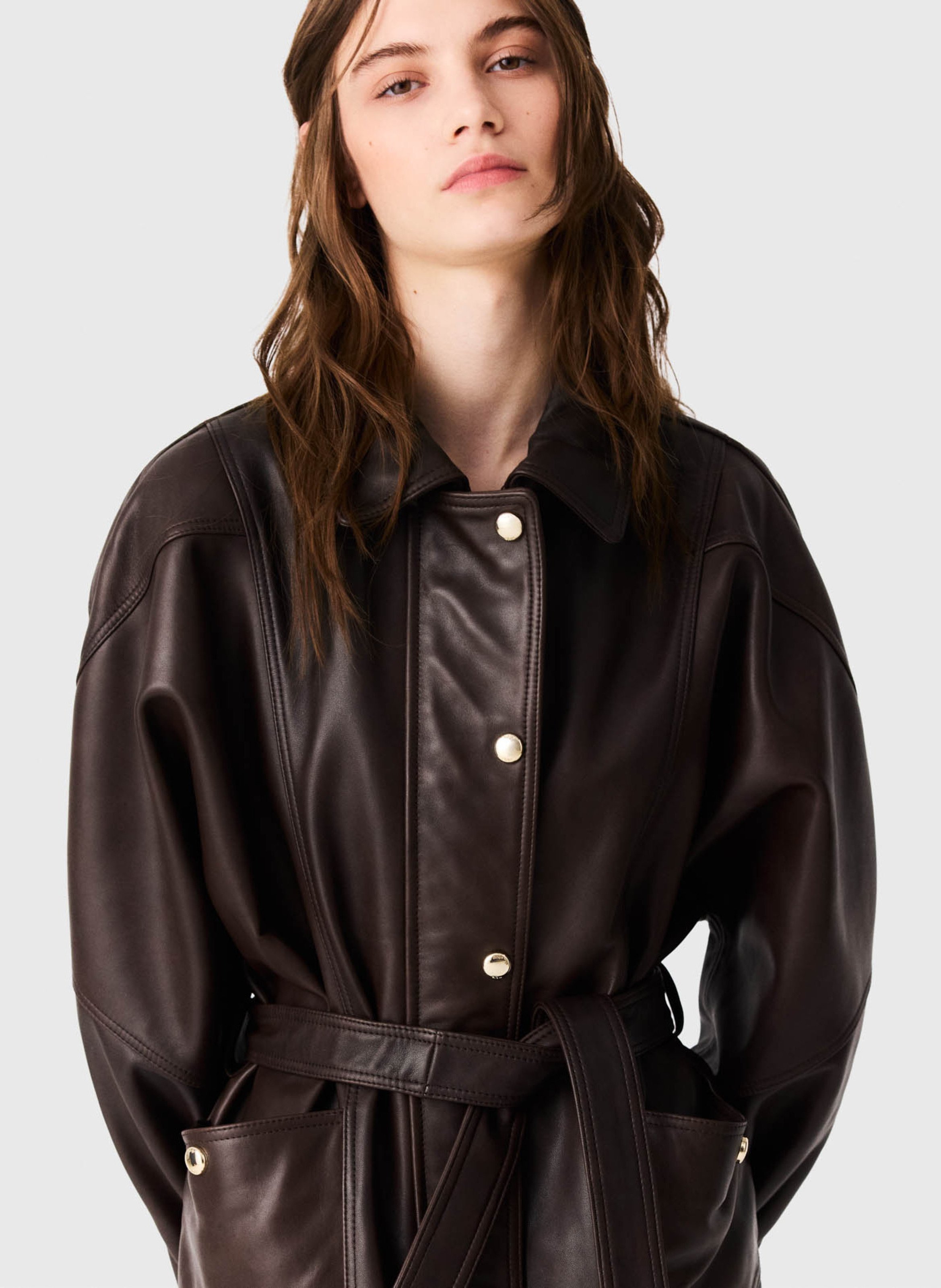 Blouson oversize en cuir MAJE Marron