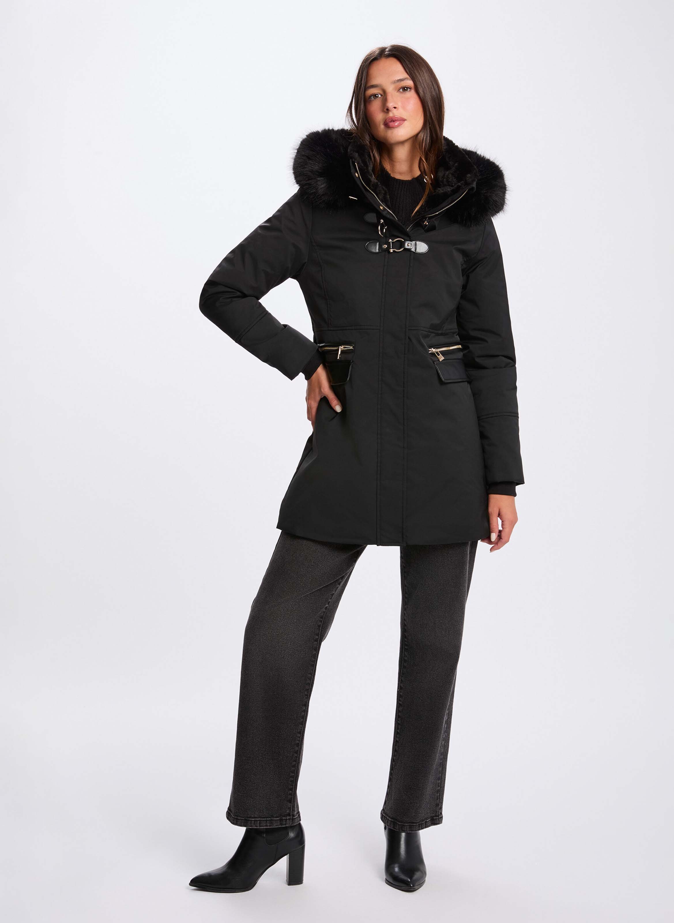 Manteau droit uni à capuche effet fourrure MORGAN Noir