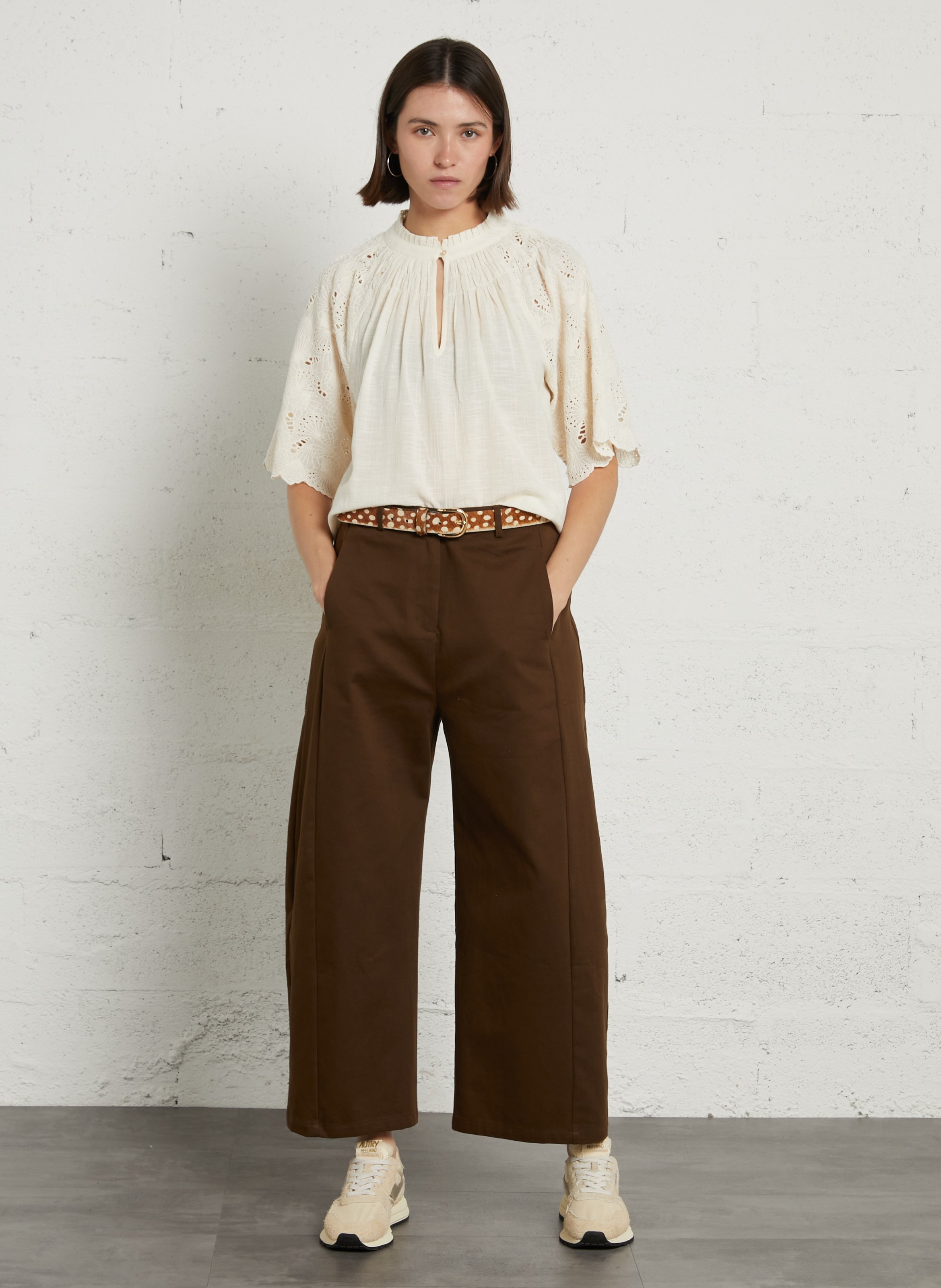 Straight high-neck embroidered cotton blouse MAISON 123 Beige