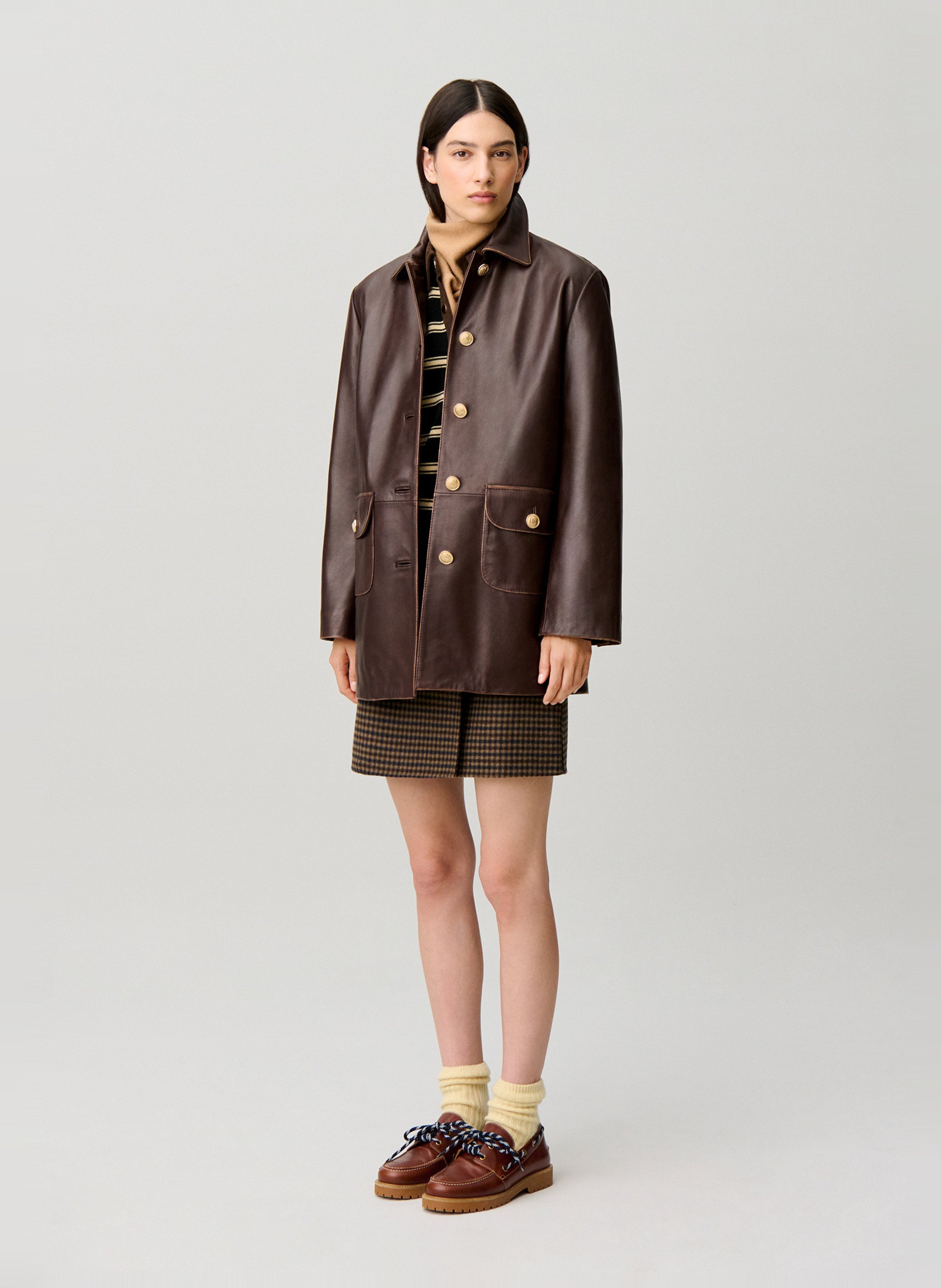 Straight buttoned leather jacket CLAUDIE PIERLOT Brown