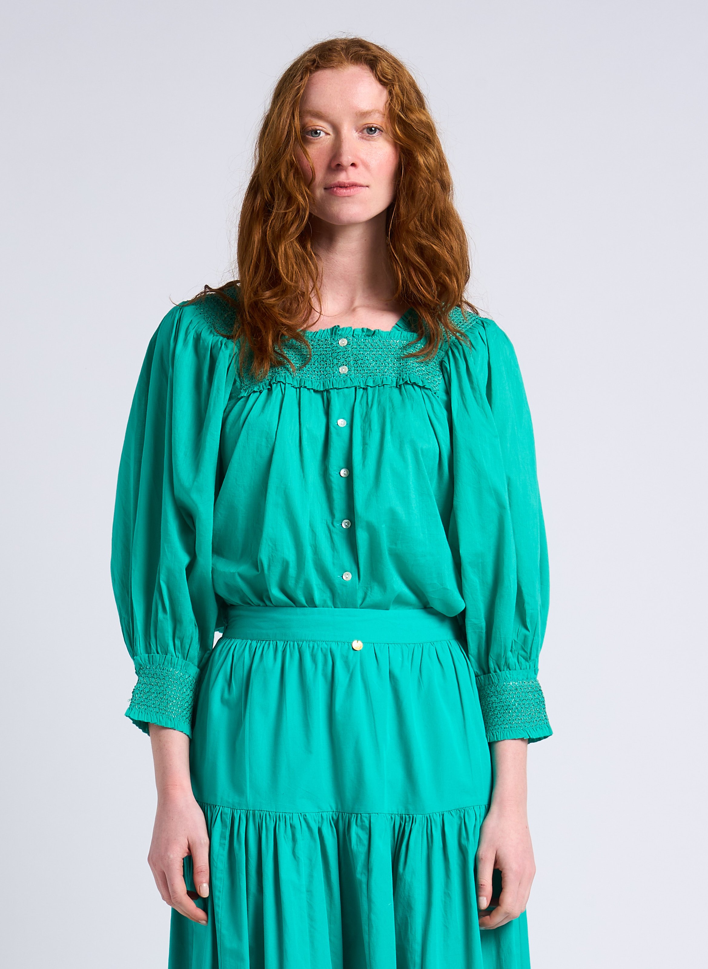 Gesmoktes Baumwoll-Top mit eckigem Ausschnitt ANTIK BATIK Blau