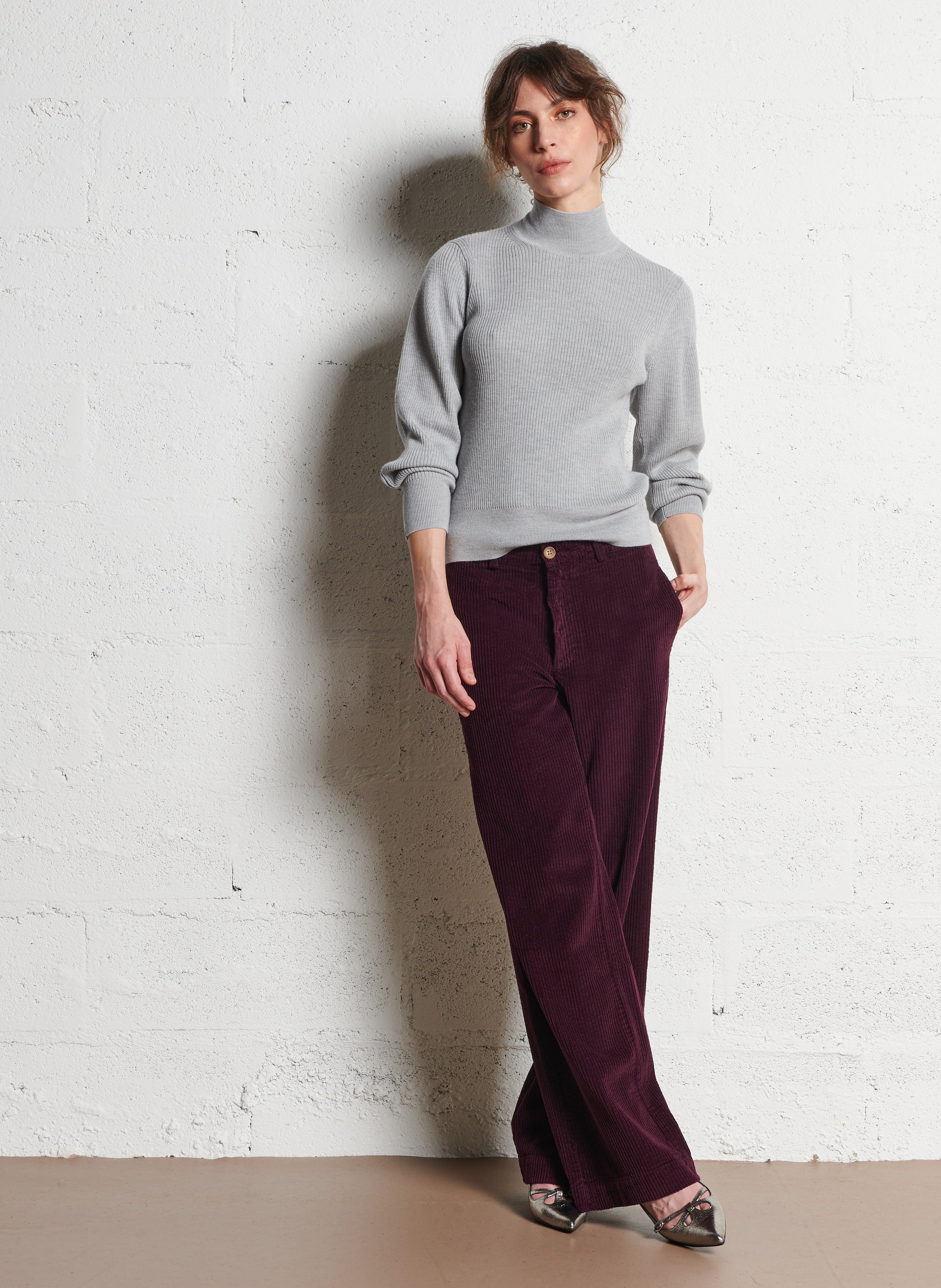 Pull col rond droit en laine (retour fournisseur selon accords commerciaux) MAJESTIC FILATURES Gris