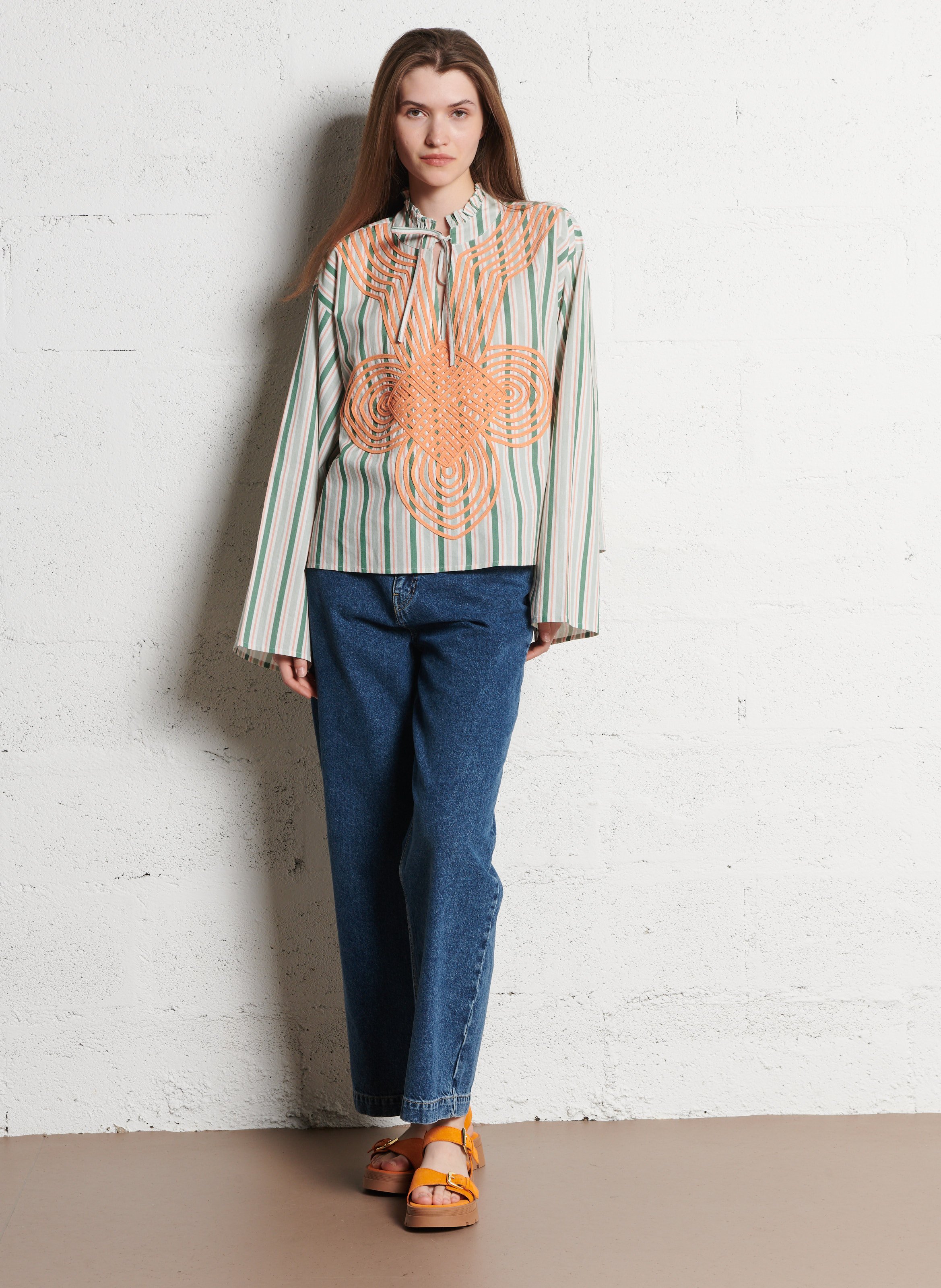 Gestreepte blouse met V-hals Oranje