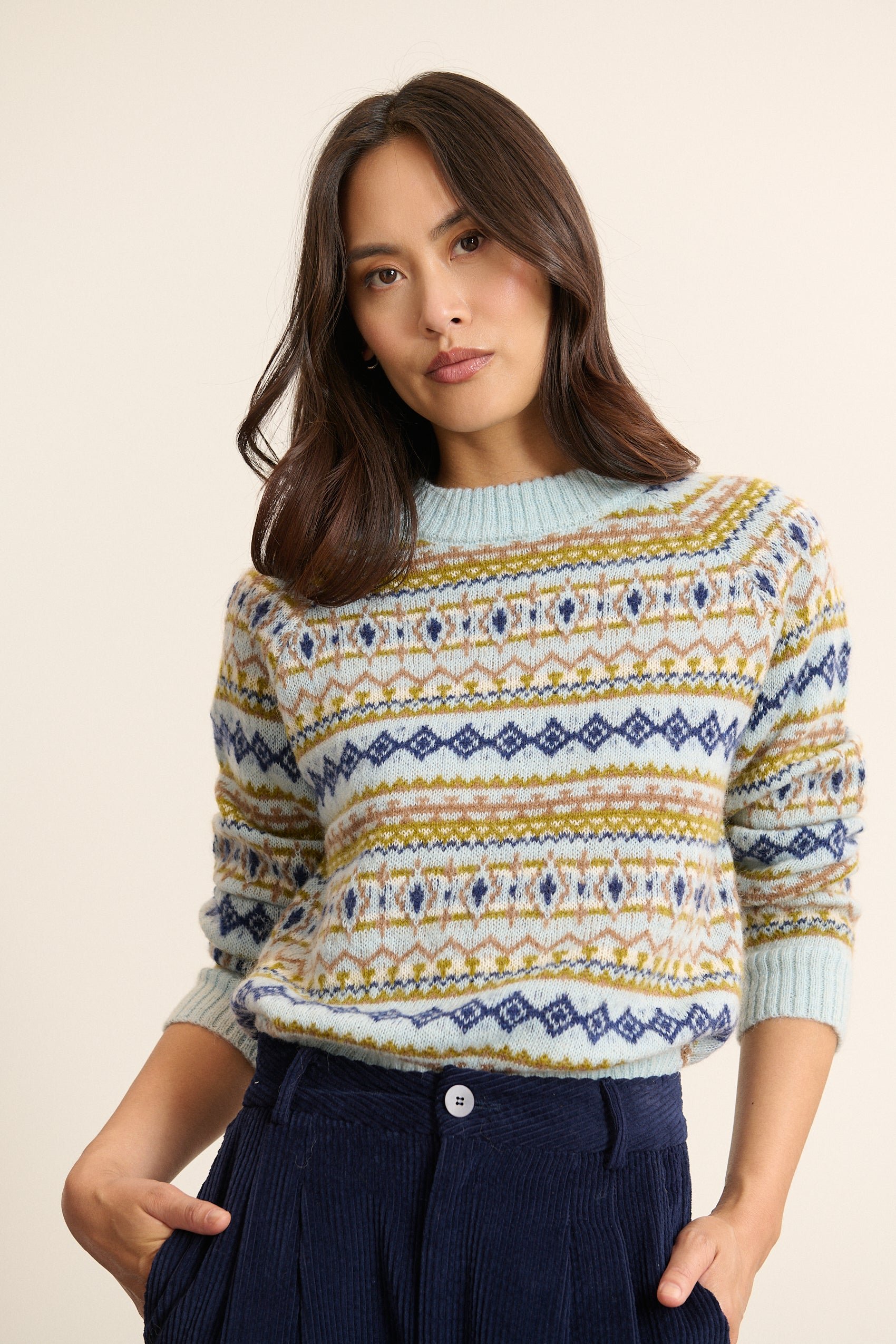 Round neck Norwegian jacquard fancy sweater GARANCE PARIS Blue