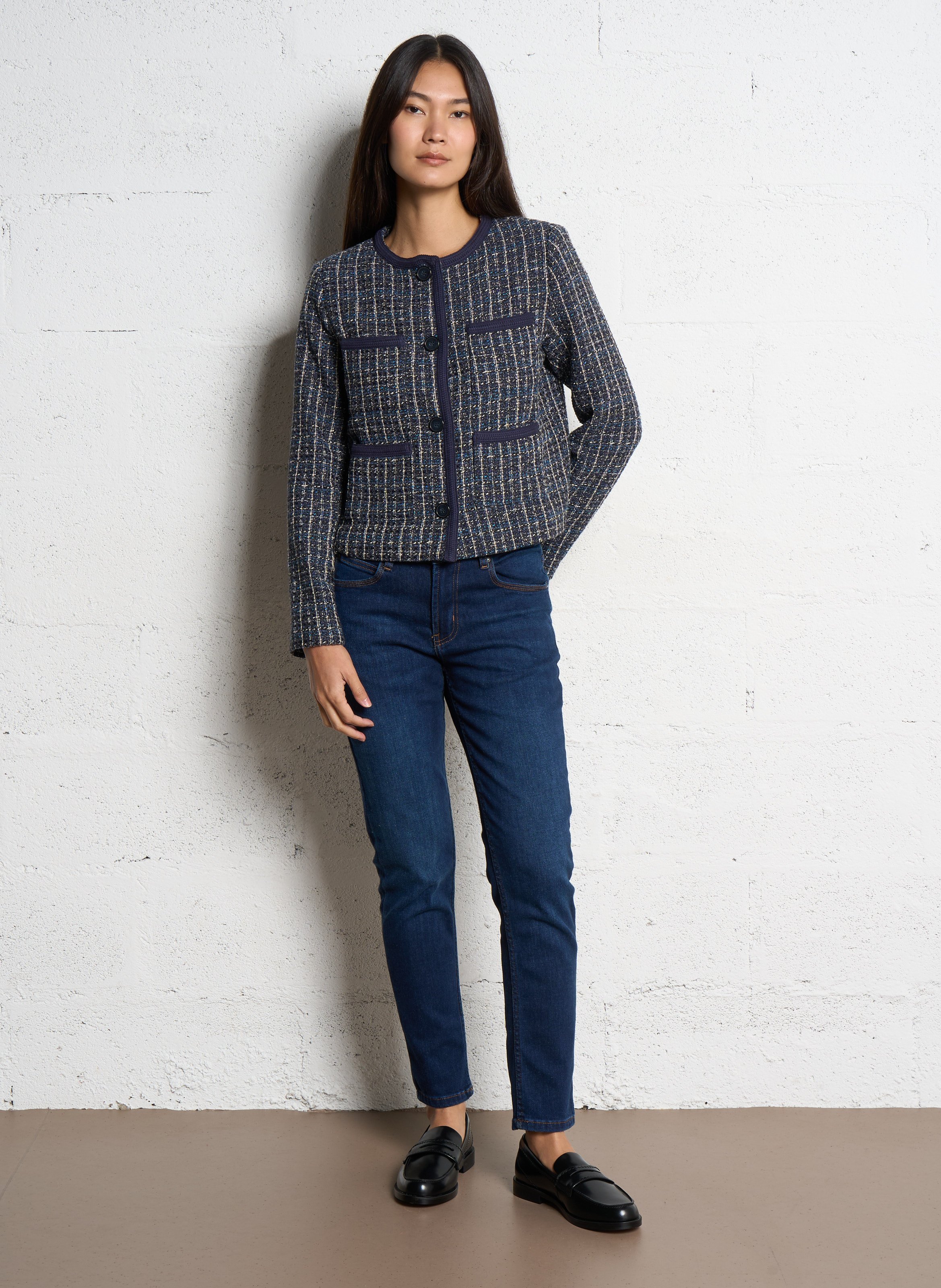 Veste col rond boutonnée en tweed Bleu