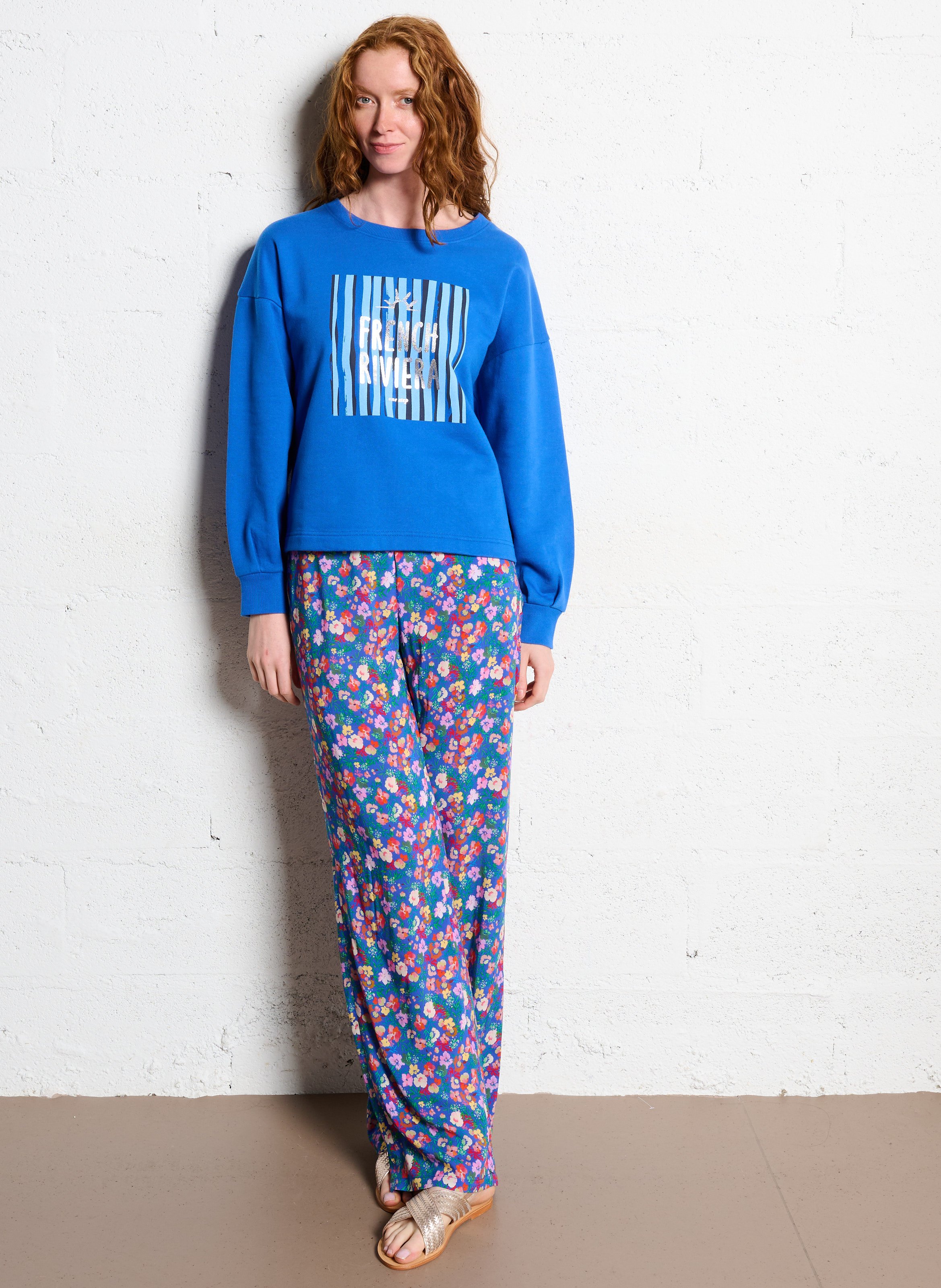 Sweat ample col rond sérigraphié en coton mélangé ONE STEP Bleu