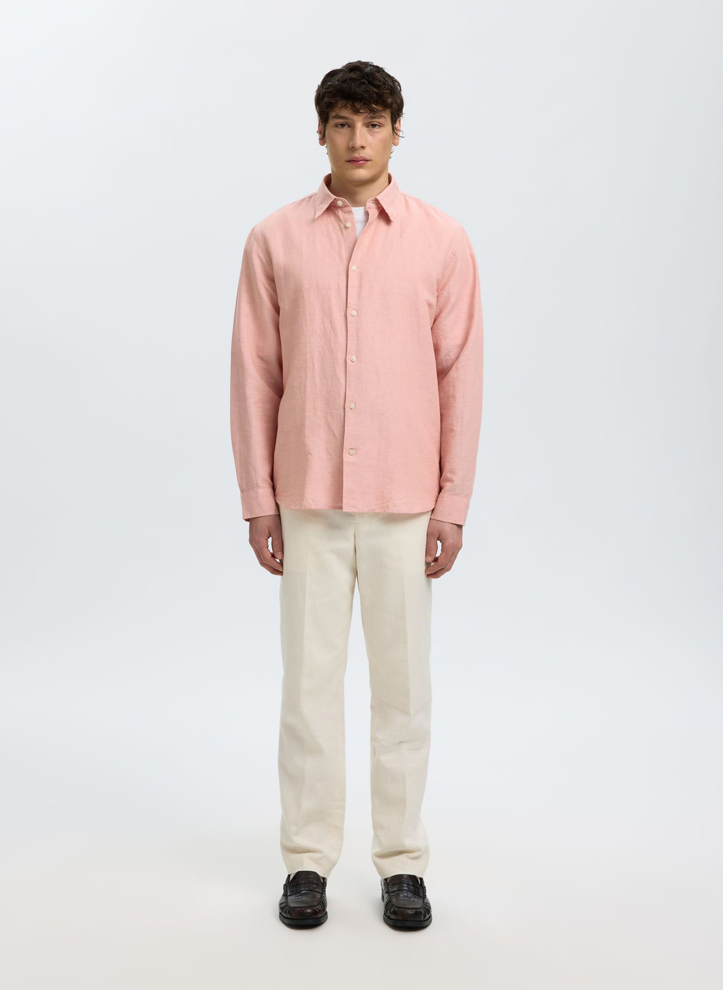 Straight shirt with classic collar in linen and cotton SELECTED Pink