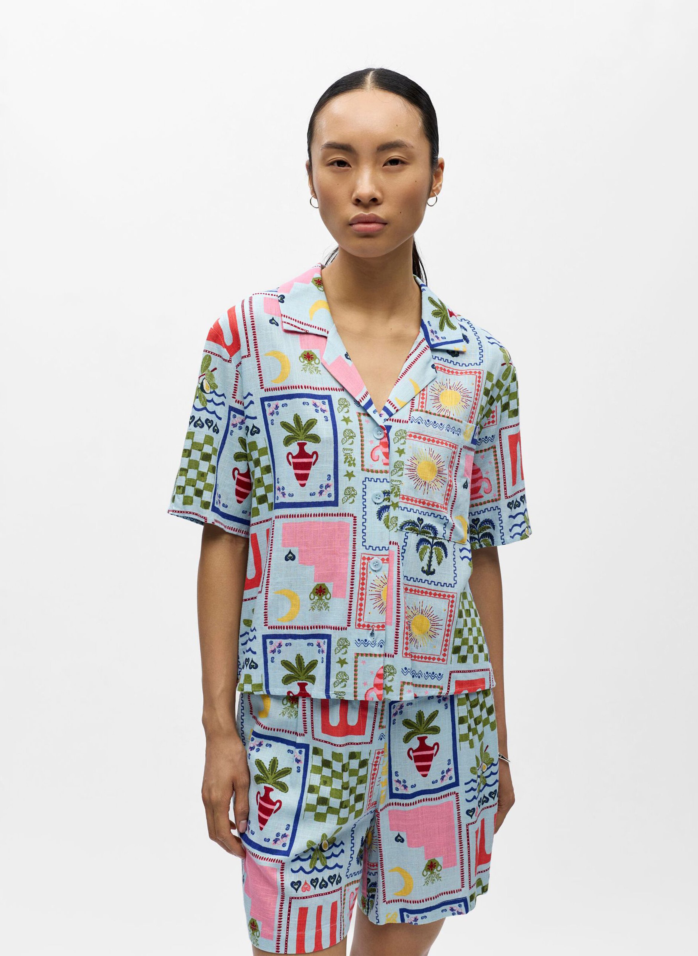 Gerade Hemd mit kubanischem Kragen und Print OBJECT Blau