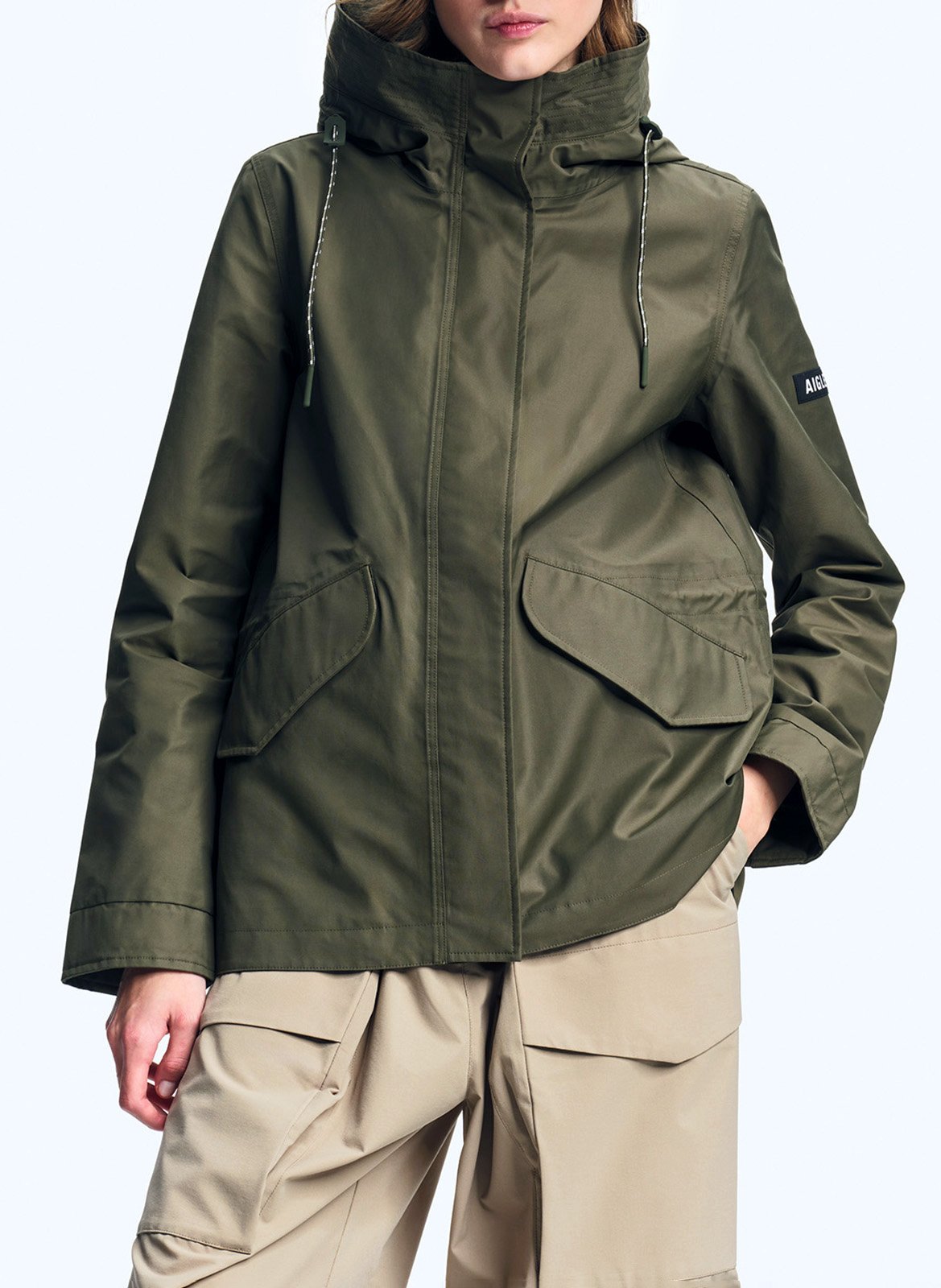 Waterproof parka with high collar in blended cotton AIGLE Khaki