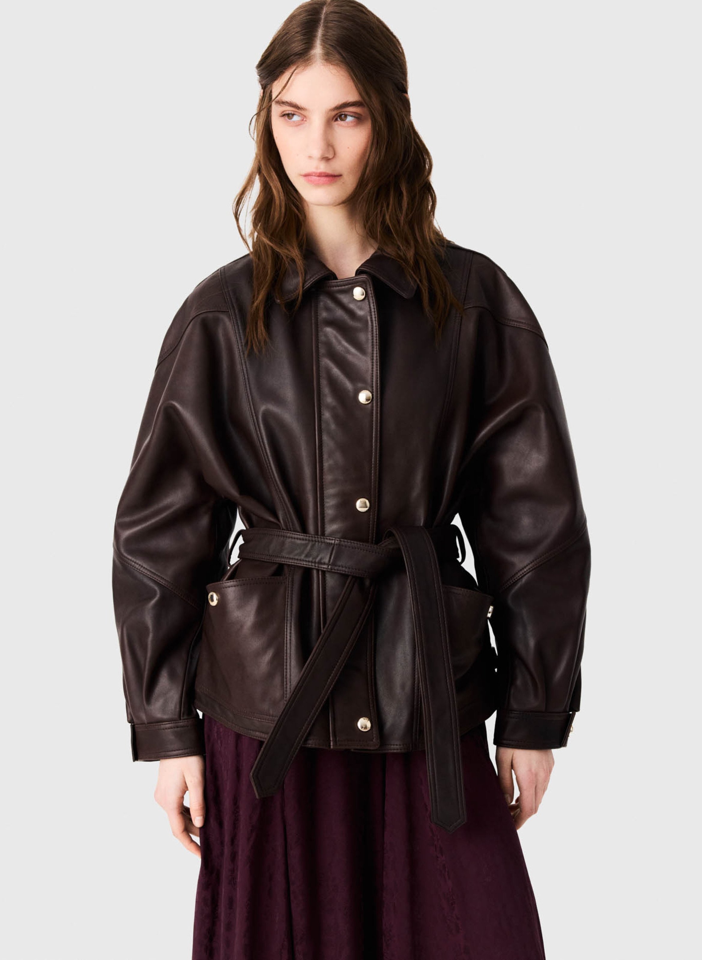 Blouson oversize en cuir MAJE Marron