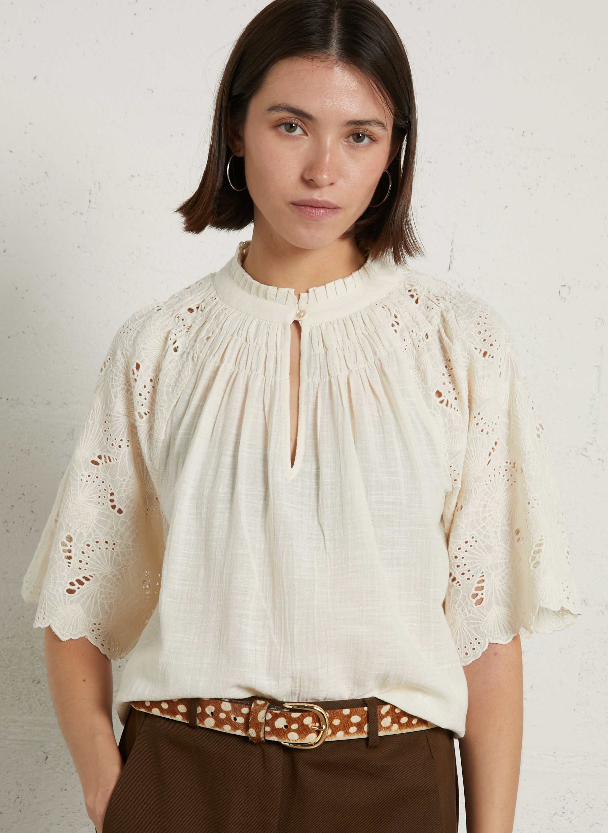 Straight high-neck embroidered cotton blouse MAISON 123 Beige